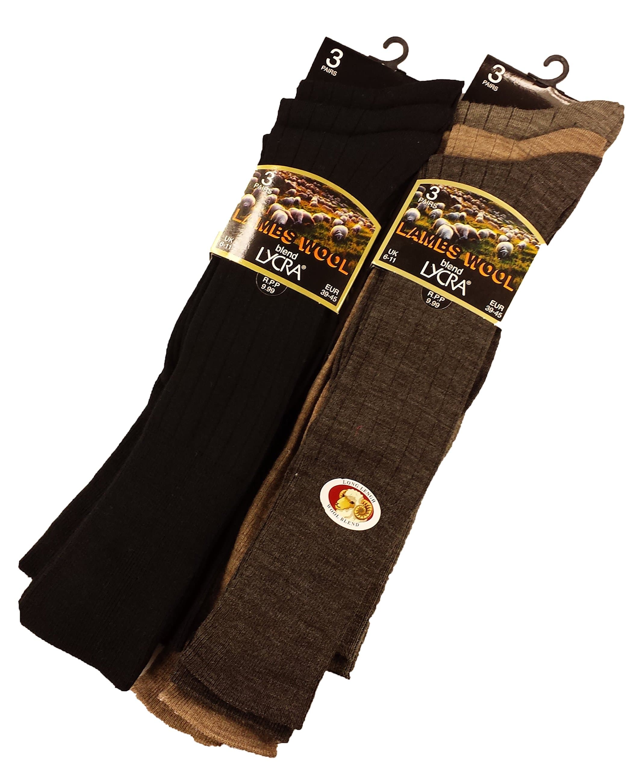 SockstackMen's Fine Long Lambs Wool Socks, 6 Pairs, Longer Length Socks, 6-11