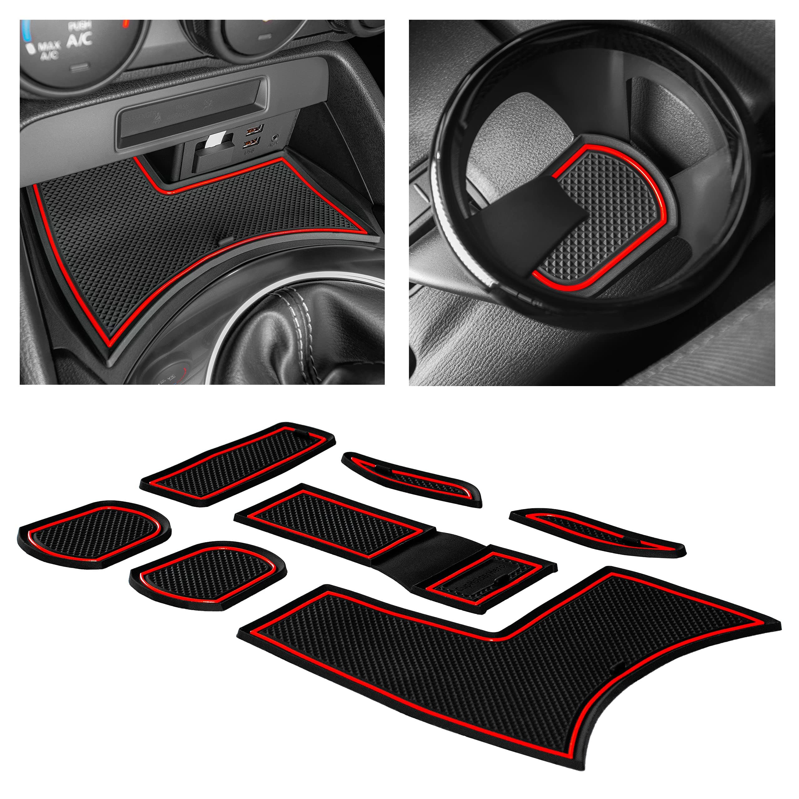 CupHolderHero Fits with Mazda Miata MX5 & Fiat 124 Spider Accessories 2016-2024, Custom Interior Nonslip Anti Dust Cup Holder Inserts, Center Console Liner Mats, Door Pocket 7pc Set (Red Trim)