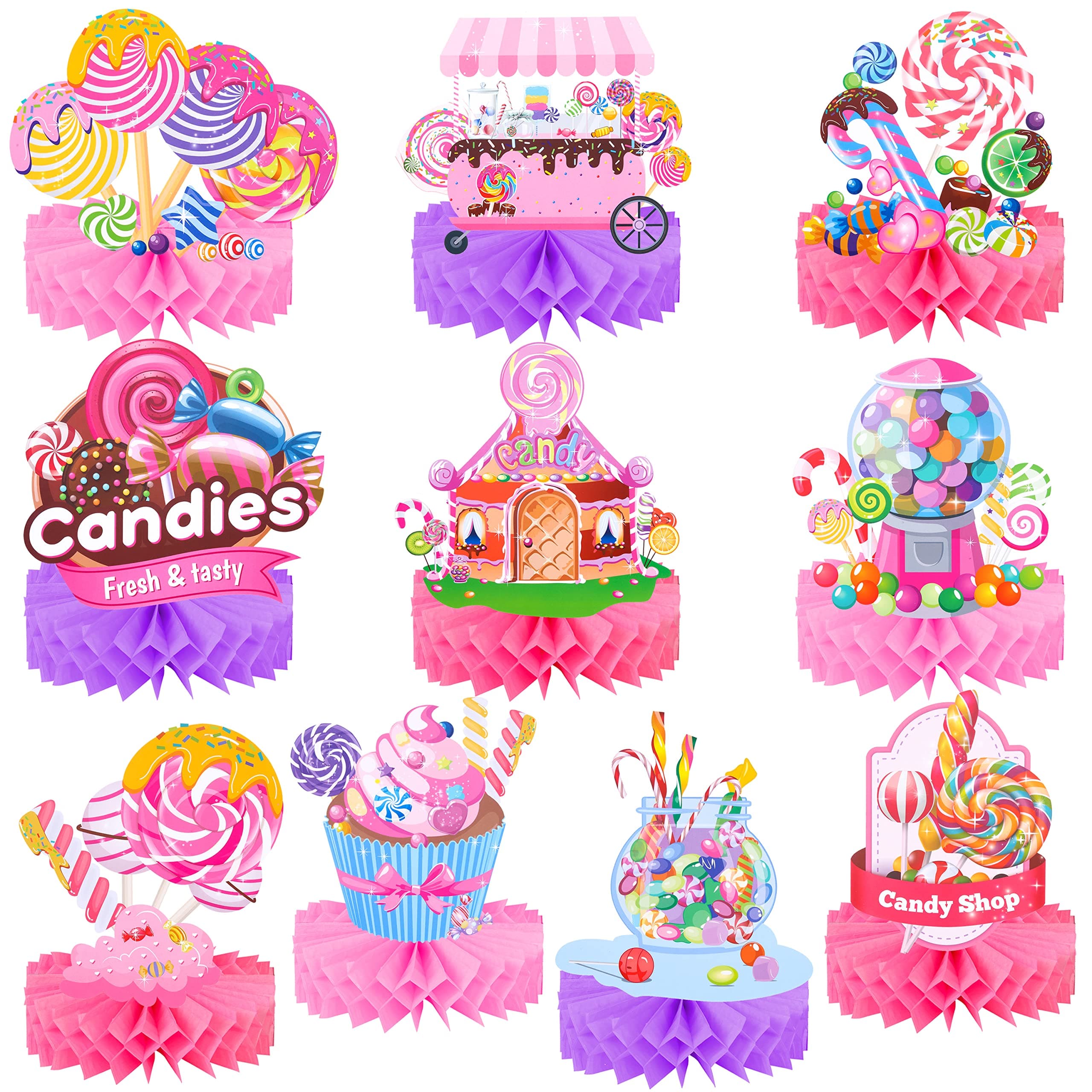 Candyland Party Decoration 10pcs Candyland Lollipop Table Honeycomb Centerpiece Decorations for Girls Colorful Candy Ice Cream Themed Birthday Party Supplies