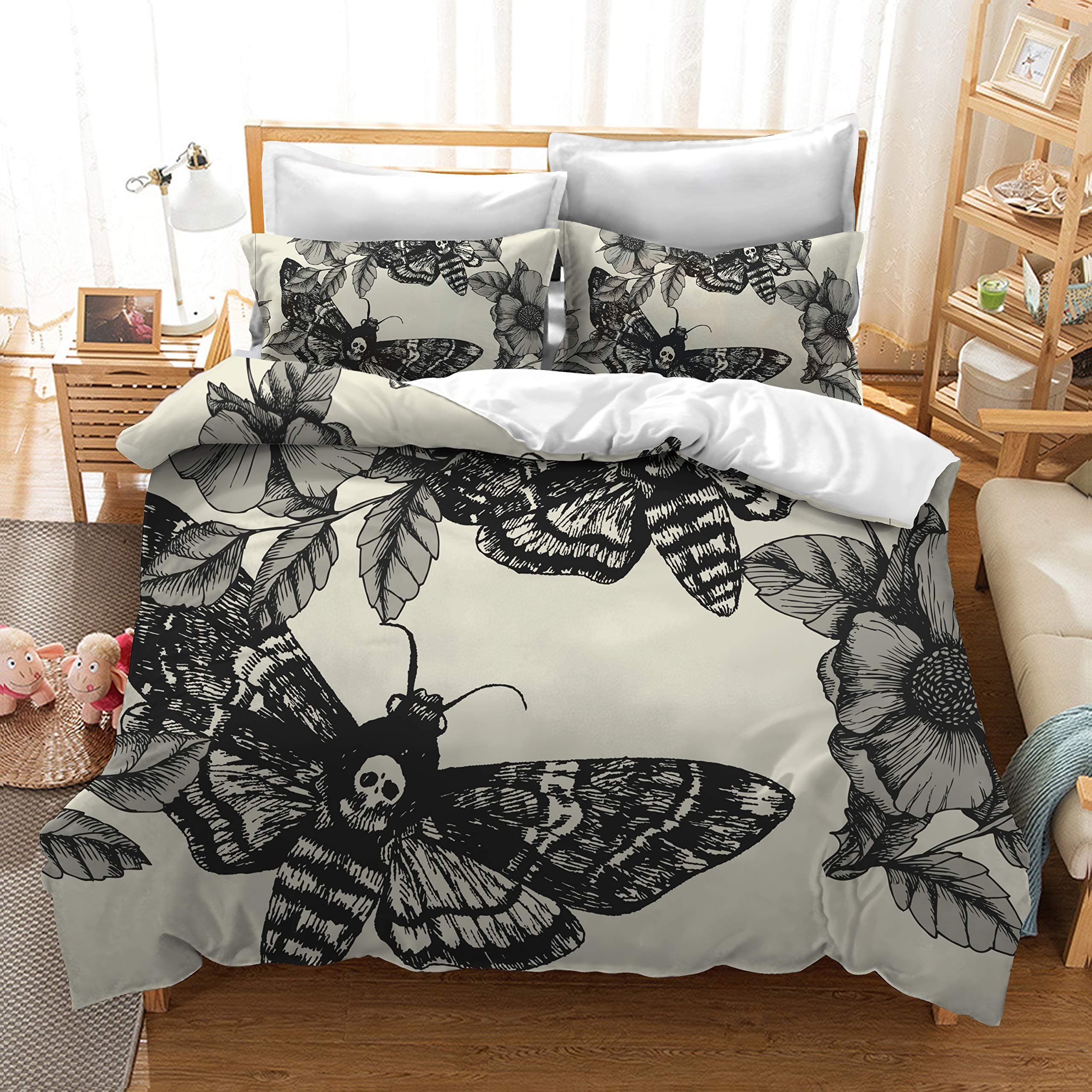Skull Bedding 3D Digital Printing Death Skull and Flower Cream 100% Brushed Microfiber Bedding 3pc Duvet Cover Sets King Size