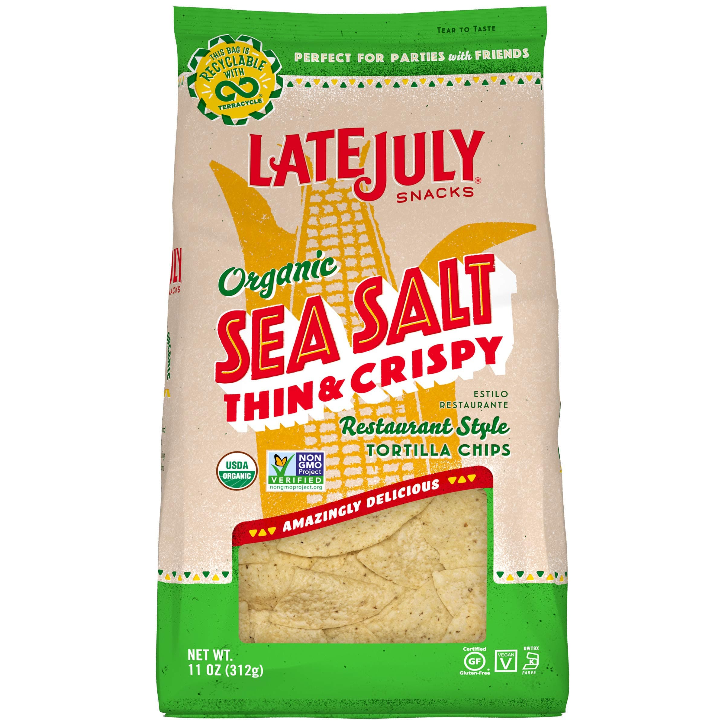 LATE JULY Snacks Restaurant Style Sea Salt Thin & Crispy Tortilla Chips, 11 Ounce Bag (Pack of 9)