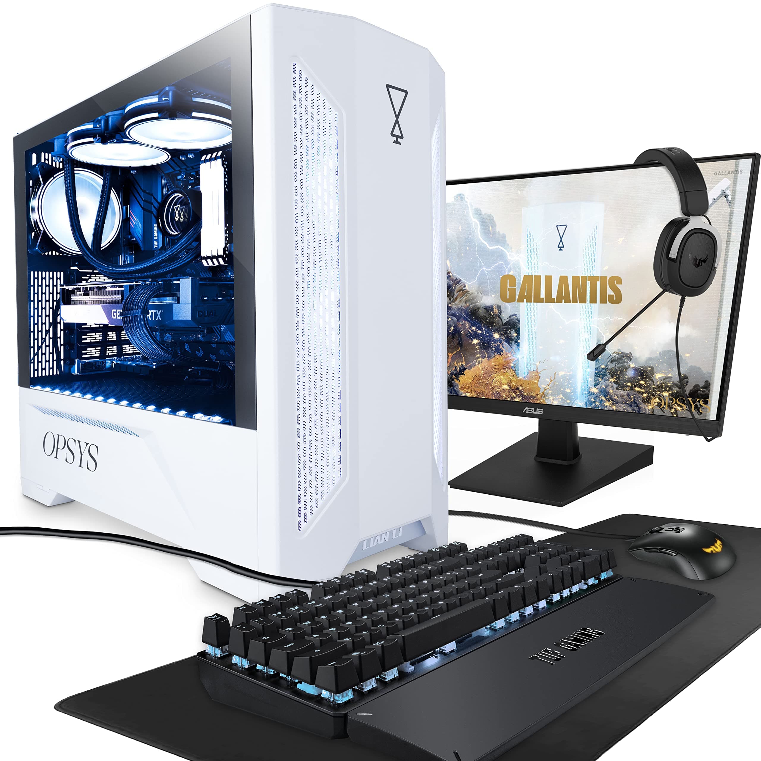 OPSYS Gallantis-i3 White Gaming PC Computer with Monitor & Gamer Keyboard/Mouse (AMD Ryzen 5 5600, Geforce RTX 3060 Ti, 1TB NVMe SSD, 2TB HDD, 16GB RAM, Bluetooth, Windows 11)