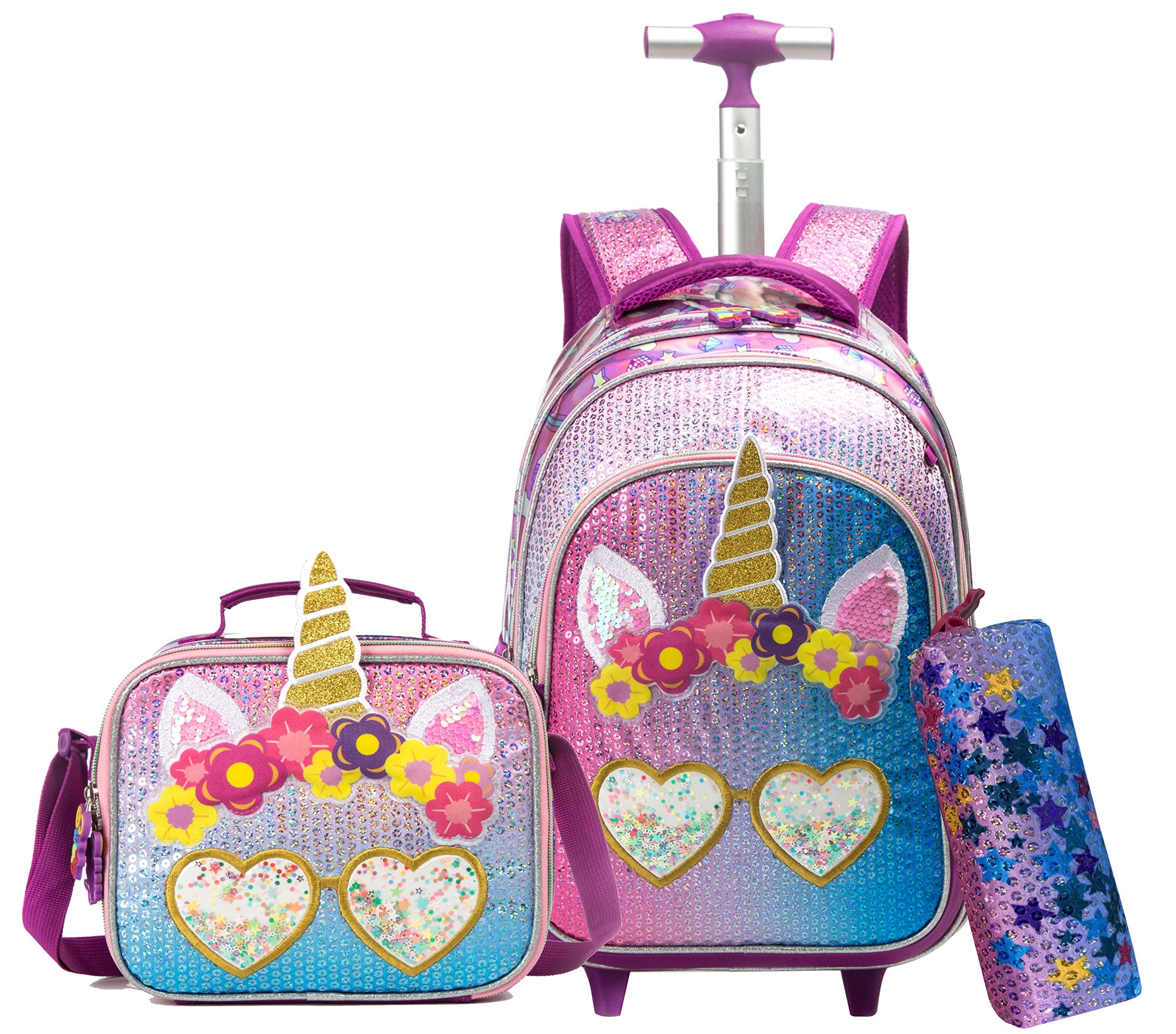 MeetbelifyMeetbelify Rollrucksack für Mädchen Schulrucksack mit Brotdose für Grundschüler Rollen Trolley Gepäck