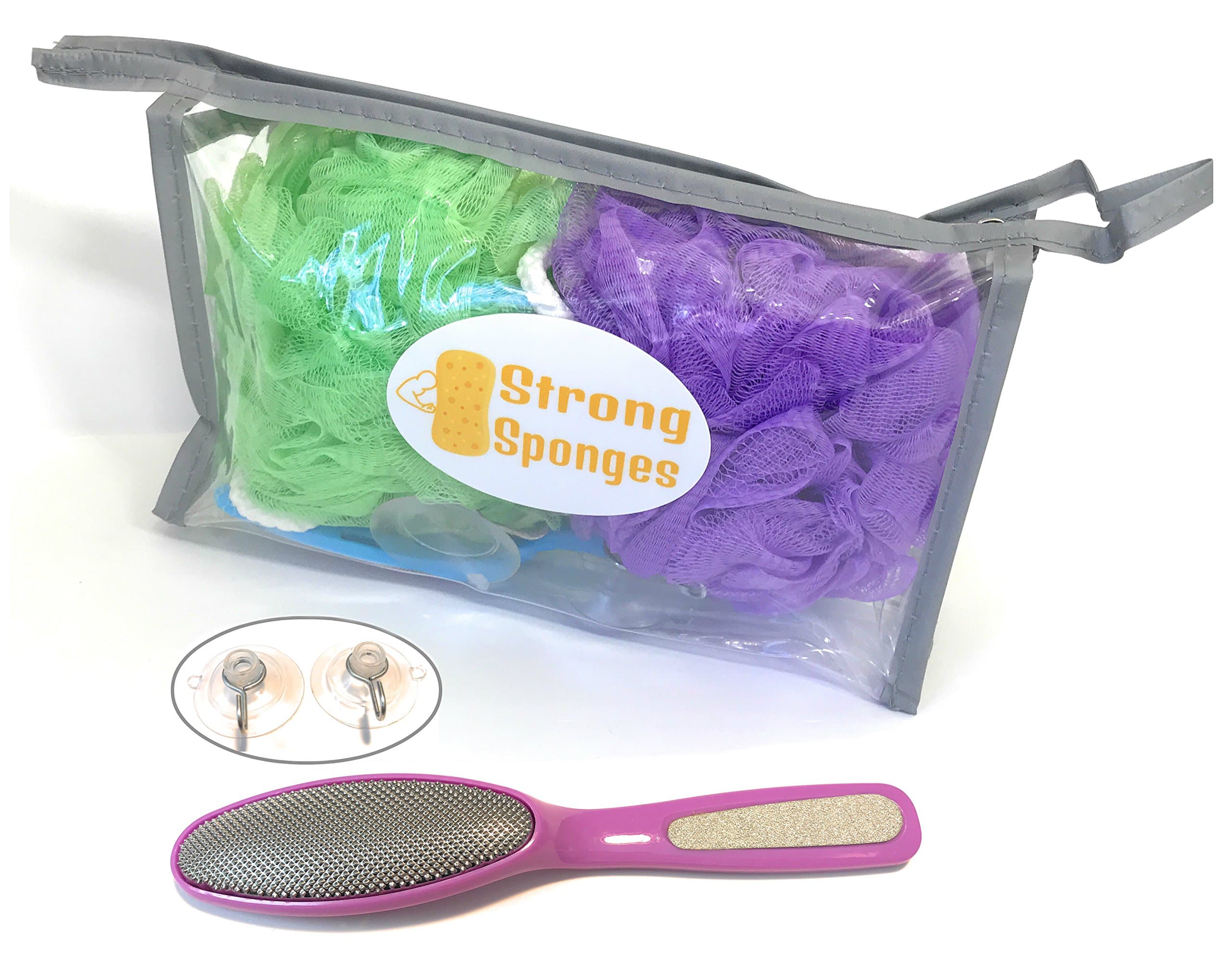Bath Shower Travel Set Sponge Pouf Loofahs Mesh Brush Shower Ball, Mesh Bath Shower Sponge Suction Cup Hook (PACK of 2) with Foot File in Waterproof Pouch Bag