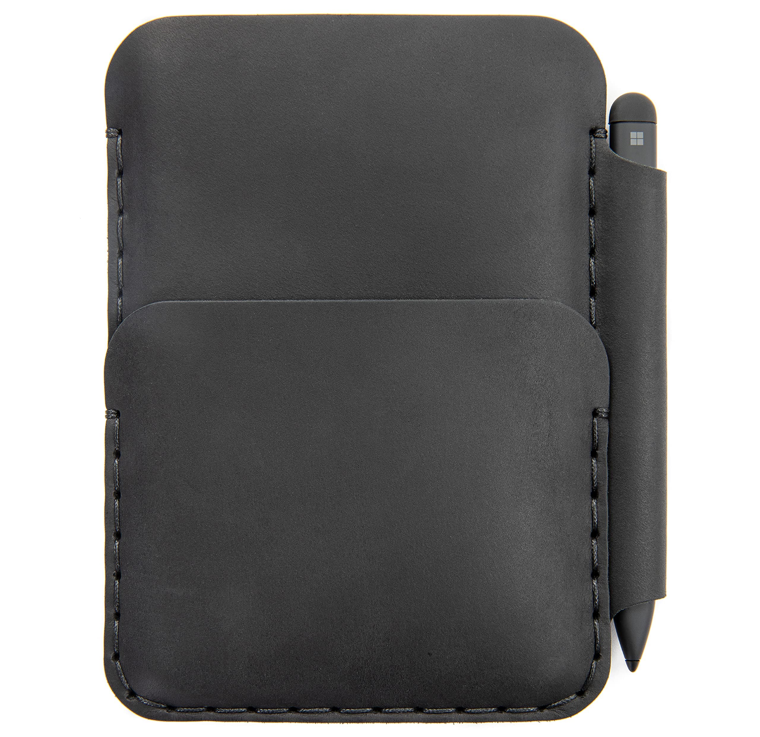 Black Leather case for Microsoft Surface Duo 2 with original BUMPER. PEN holder, personalised wallet pouch.
