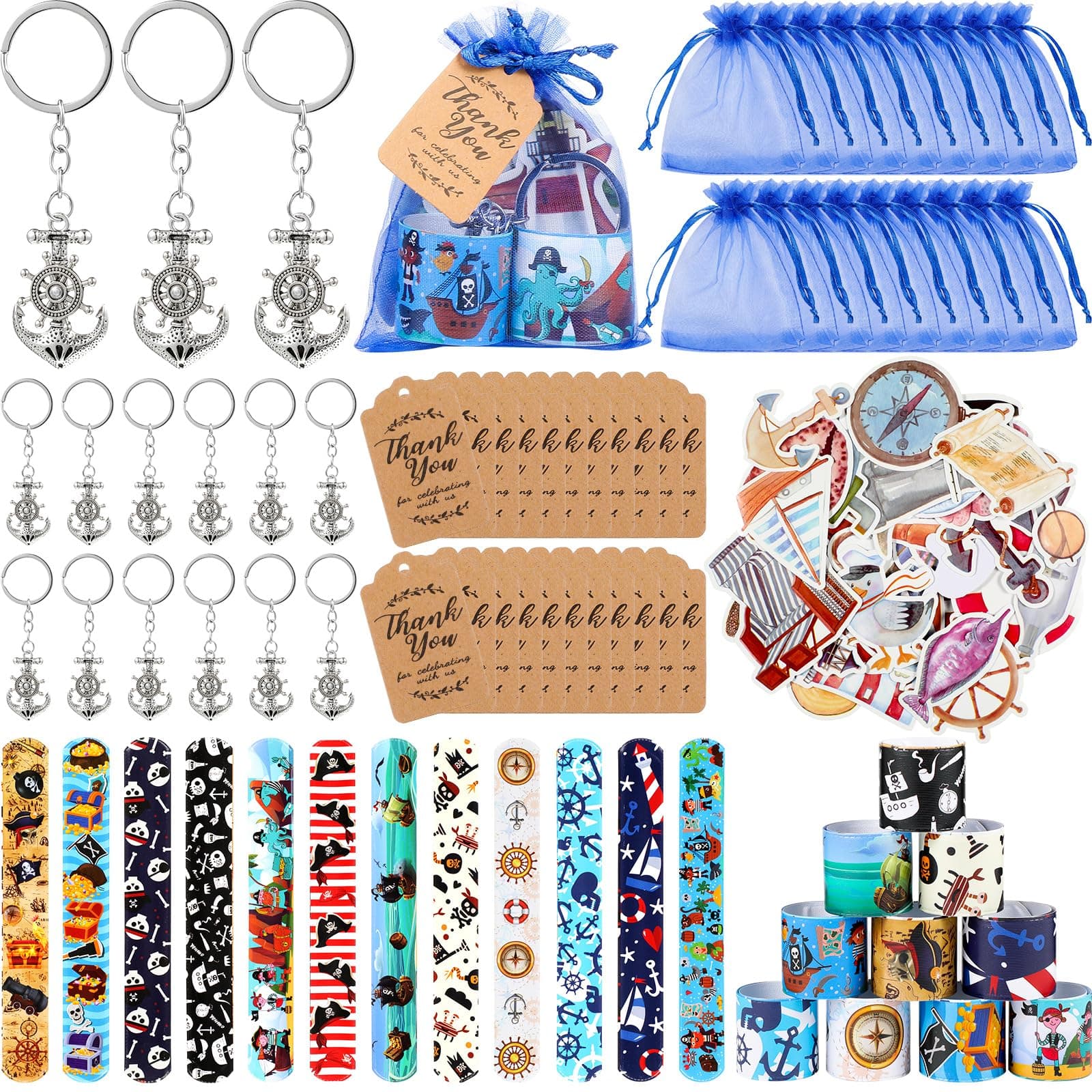 Huquary 147 Pcs Nautical Party Favors Include 24 Anchor Keychains 50 Stickers 24 Slap Bracelets 24 Organza Bags and 25 Kraft Thank You Tags for Nautical Pirate Themed Birthday Party Supplies