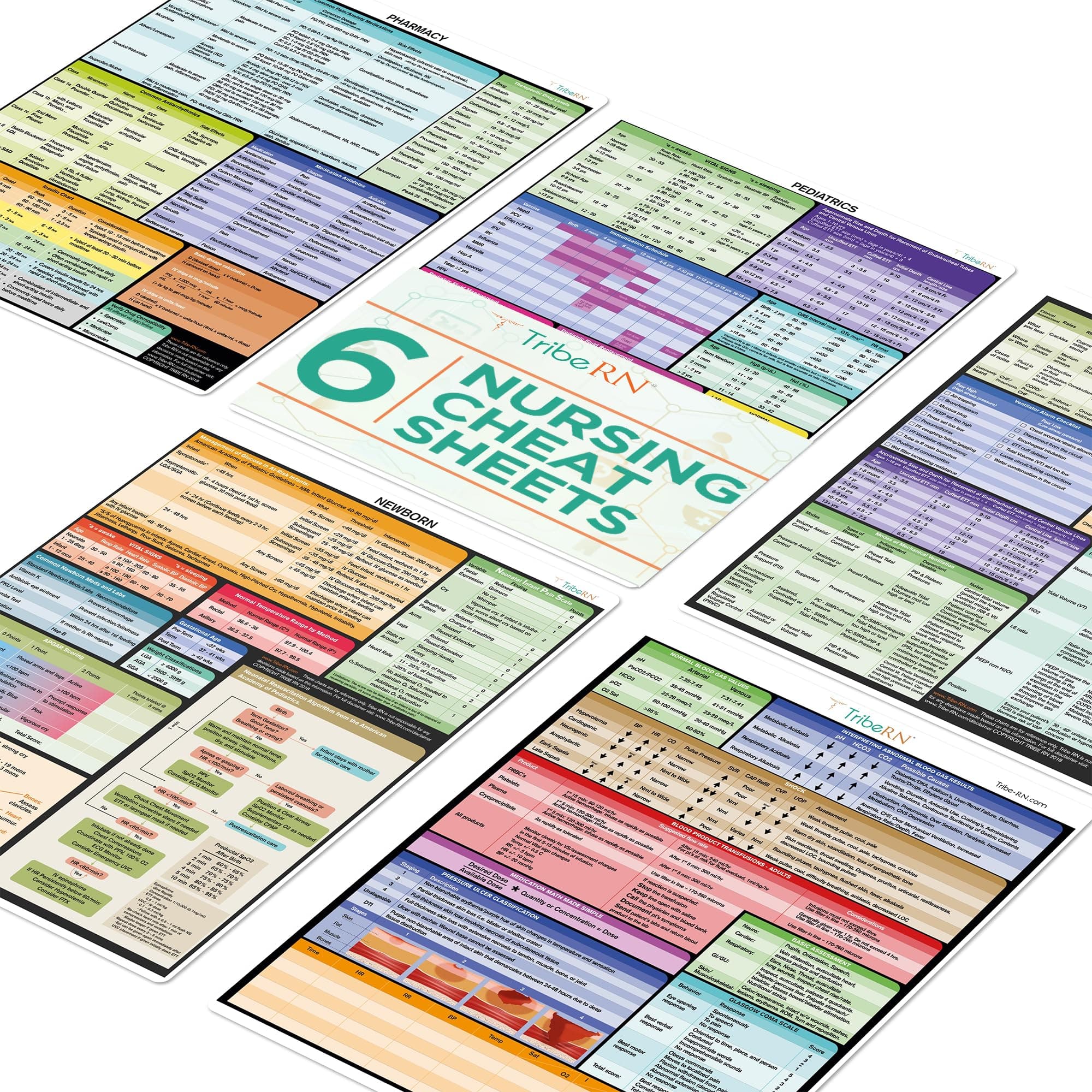 Nursing Cheat Sheets by Tribe RN - 6 Heavy Duty Medical Reference Cards for Nurses and Students - Includes General Med, Labs, Medical Spanish, Newborn, NICU, OB/L&D, Pharmacy, Respiratory, Pediatrics