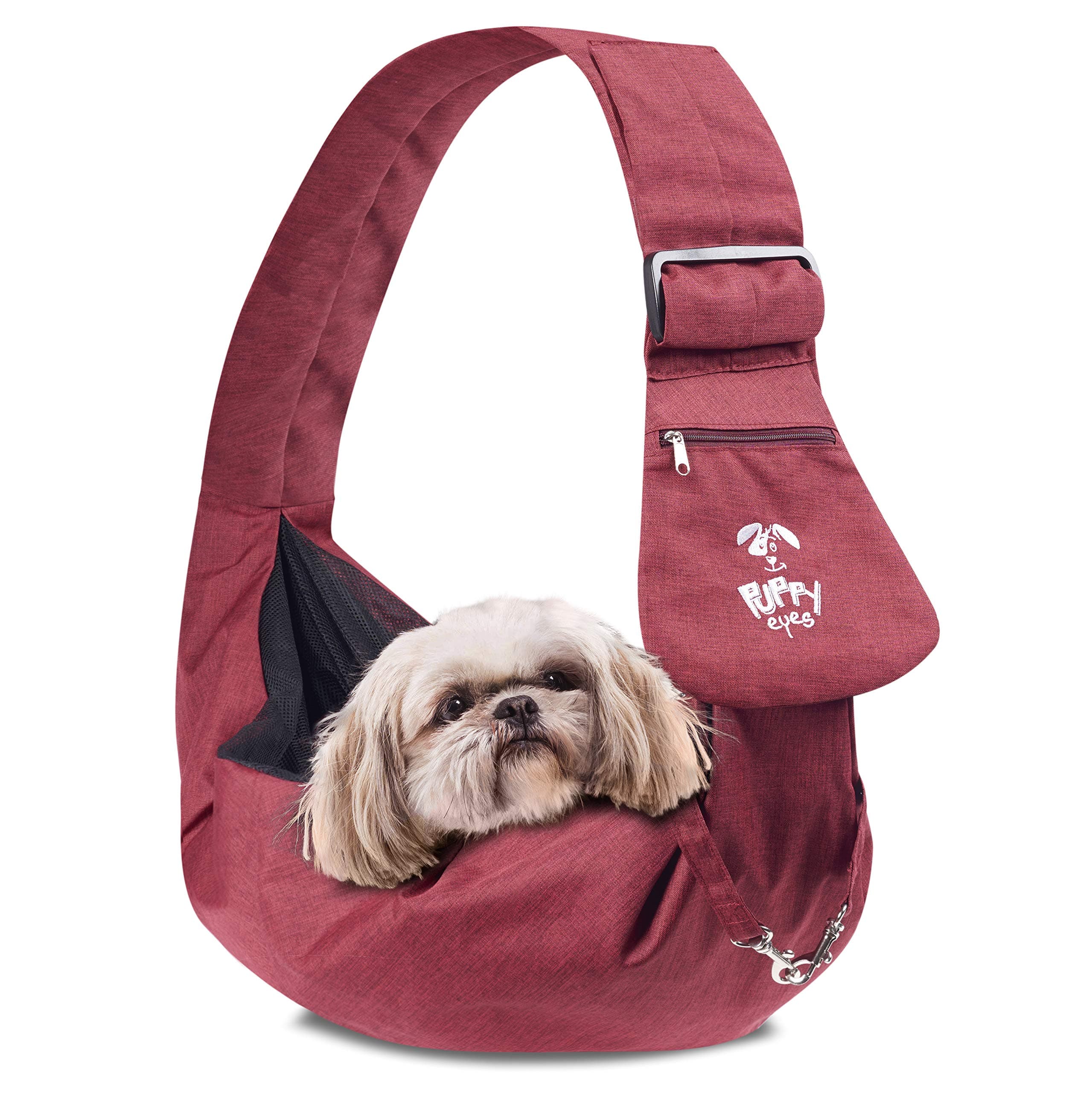 Waterproof Pet Carrier Sling Comfortable and Adjustable Dog Sling Ideal for Small & Medium Dogs up to 16 lb - Lightweight & Easy-Care Dog Carrier with Bonus car seat Belt and E-Book (red)