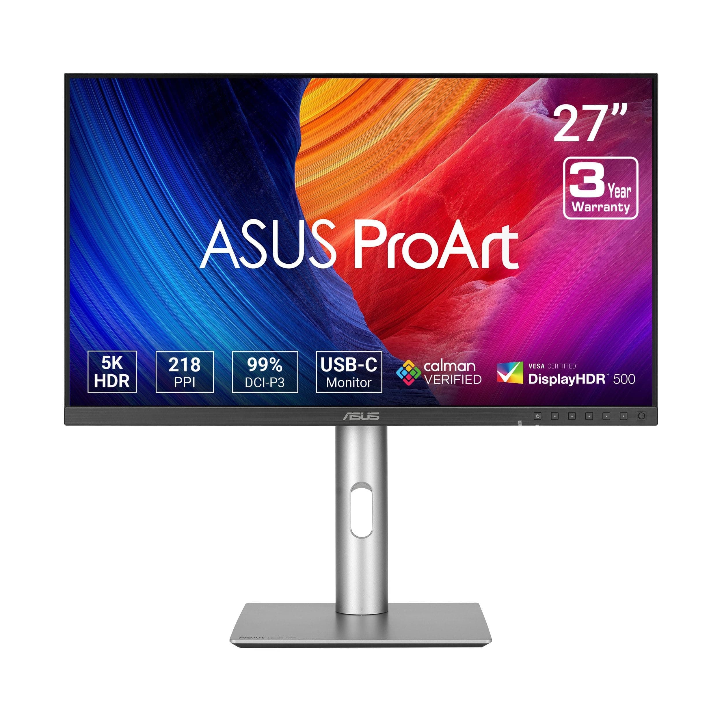 ASUS ProArt Display 27” 5K HDR Professional Monitor (PA27JCV) - 5K (5120 x 2880), IPS, 99% DCI-P3, 100% sRGB, ΔE < 2, USB-C PD 96W, Calman Verified, Color Accurate, Auto KVM, LuxPixel, 3 yr Warranty