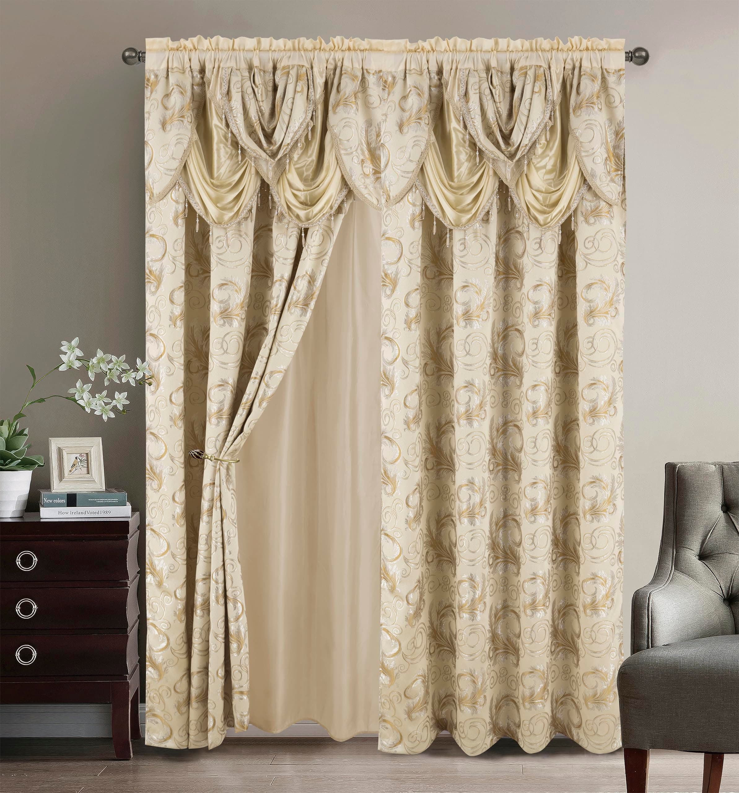 Jacquard Luxury Window 2 Panel Set Beige Curtain with Attached Valance and Backing Bedroom Living Room Dining 2 Curtains 55x84 inches Each Jana