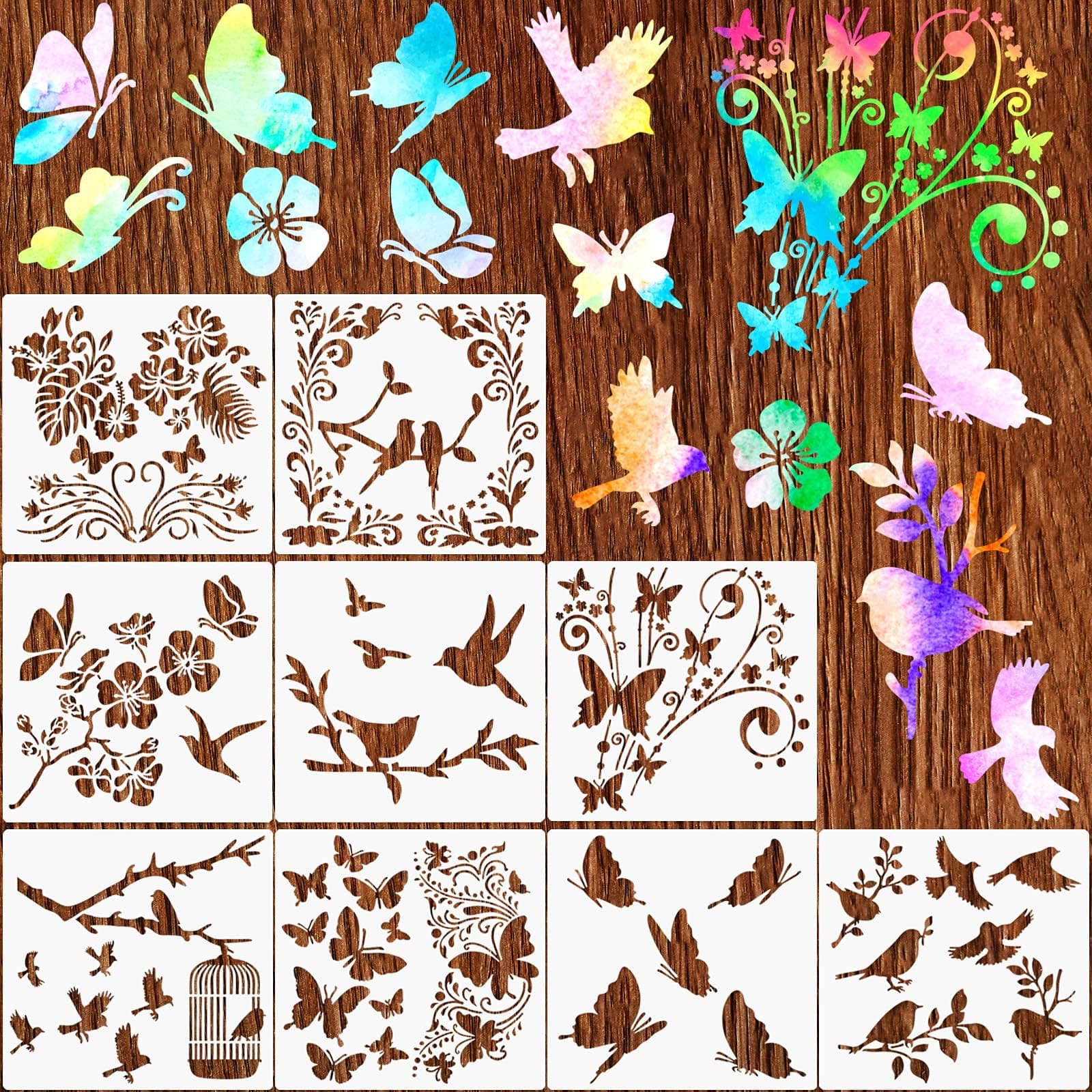 9 Pieces Butterfly Stencils Bird Flower Stencil Flying Bird Painting Template Stencil Tropical Butterfly Drawing Reusable Stencil for Paint Craft Wall DIY Home Decor Wood Draw