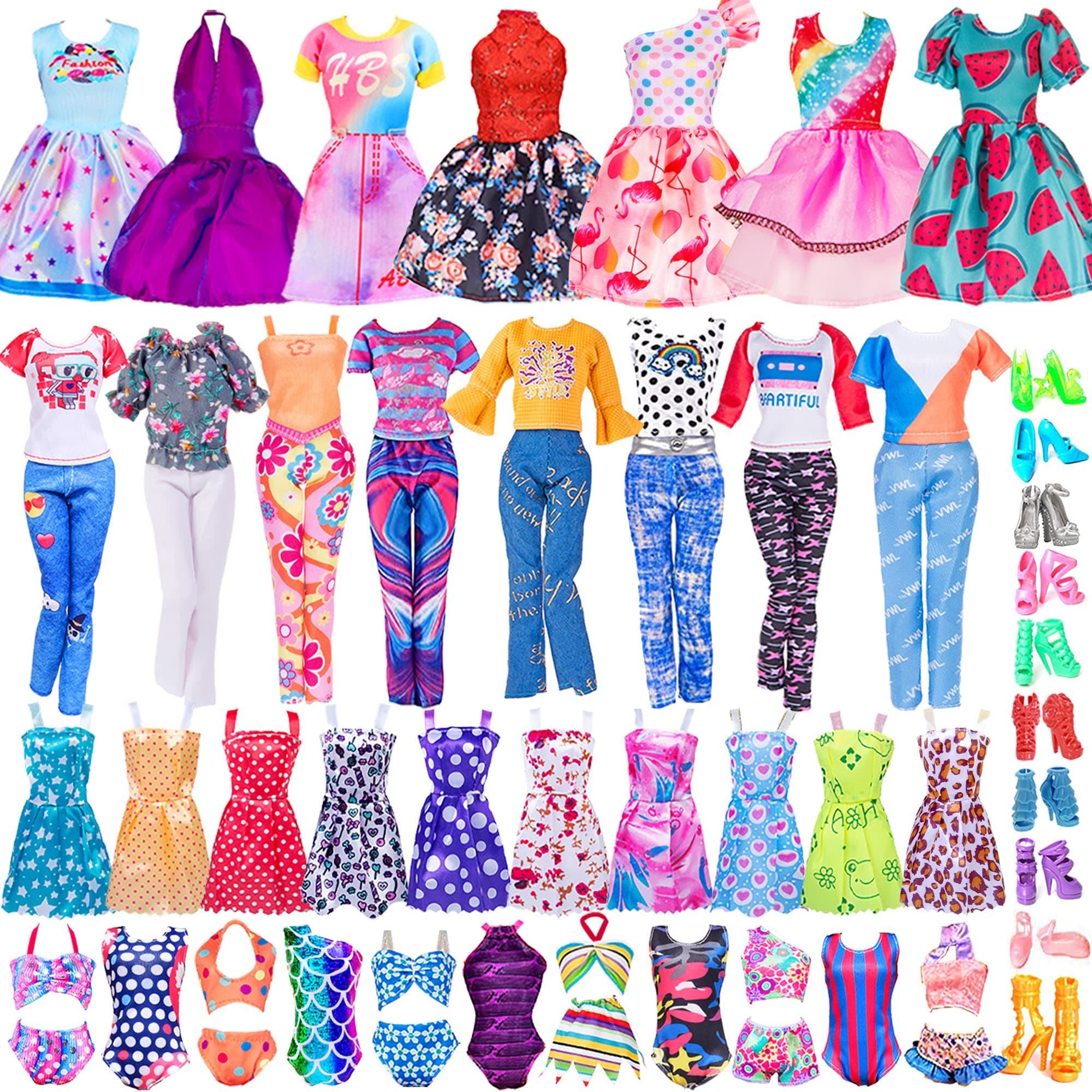32 PCS Doll Clothes and Accessories Including 5 Party Dresses, 10 Mini Dress, 4 Doll Pants Blouses, 3 Bikinis, 10 Pairs Shoes for 11.5 inch Dolls