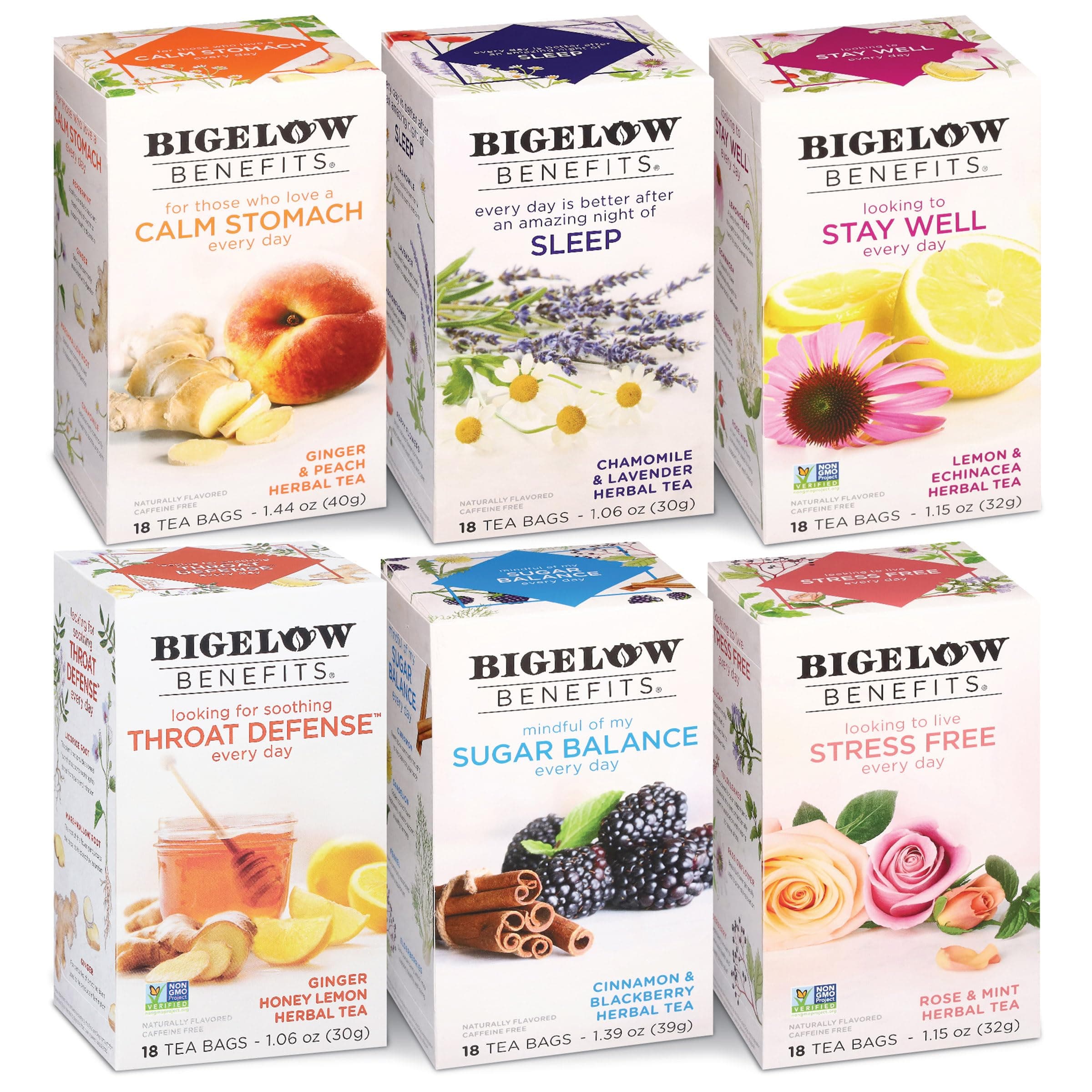Bigelow Benefits Wellness Teas Variety Pack, Mixed Caffeinated Green Matcha & Caffeine-Free Herbal Tea, 18 Count (Pack of 6), 108 Total Tea Bags (Packaging May Vary)