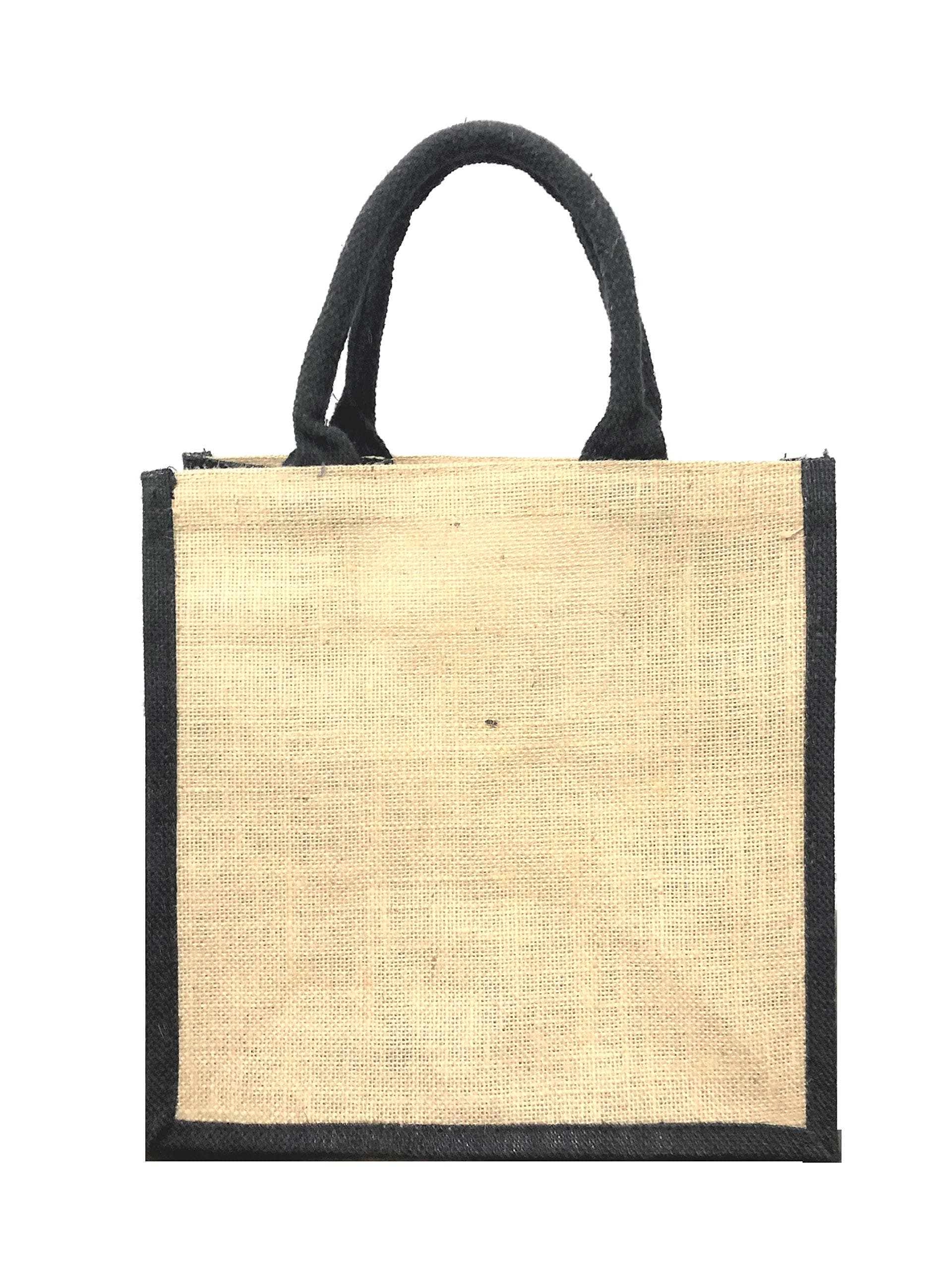 Jute Burlap Shopper Lunch Bag Gift Bag Black Handle and Colour Side 30cm x 30cm x 19cm (Black, 1)