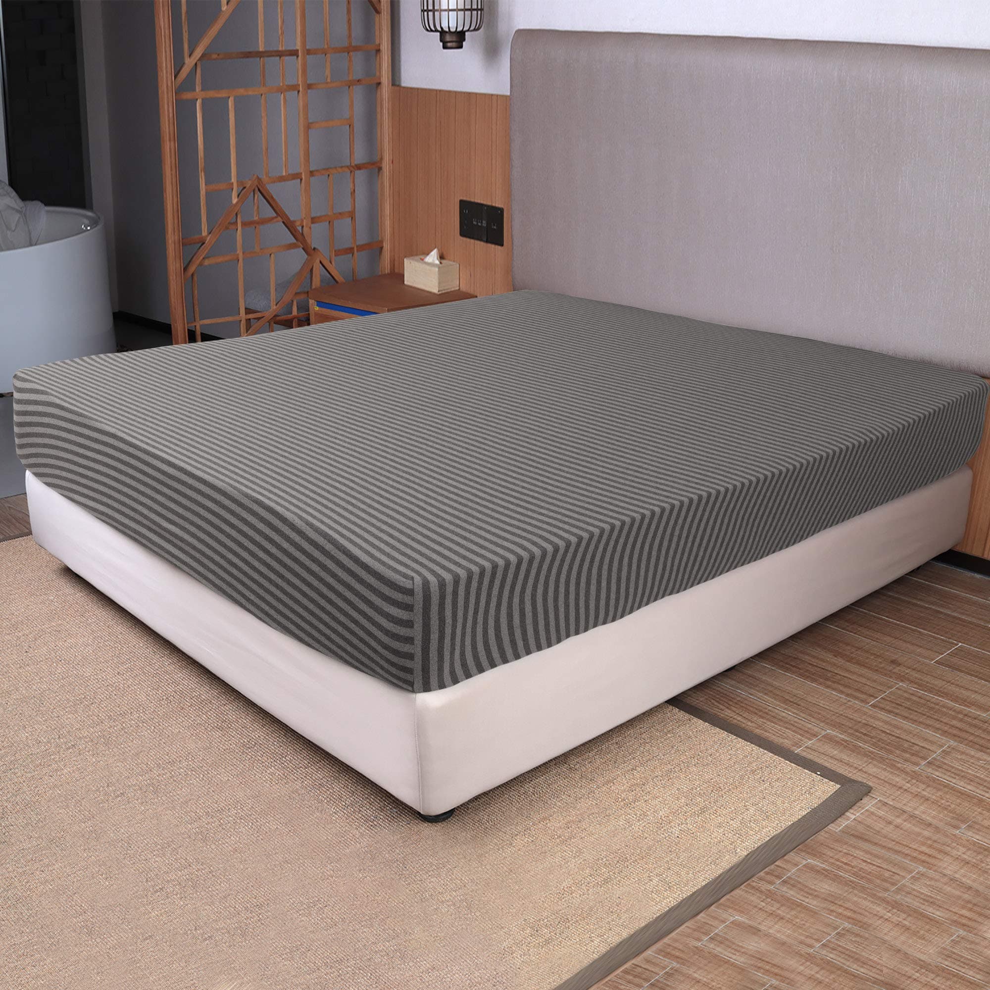 Twin Size Fitted Sheet Only - 4-Way Stretch Jersey Knit, T-Shirt Feeling & Ultra Soft, Wrinkle Free, Non-Slip & Snug Fit for Mattress (Deep: 5"-16") - Gray & Black, Twin