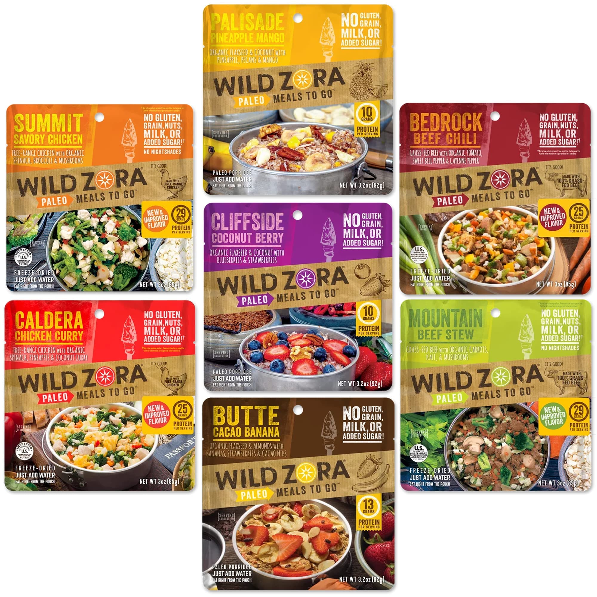 - Wild Zora Paleo Freeze Dried Meals for Backpacking & Camping - Healthy Gluten Free & Grain Free Camping Meals/Backpacking Food + No Added Sugar - Includes Breakfast & Dinner Options (Variety 7-pack)