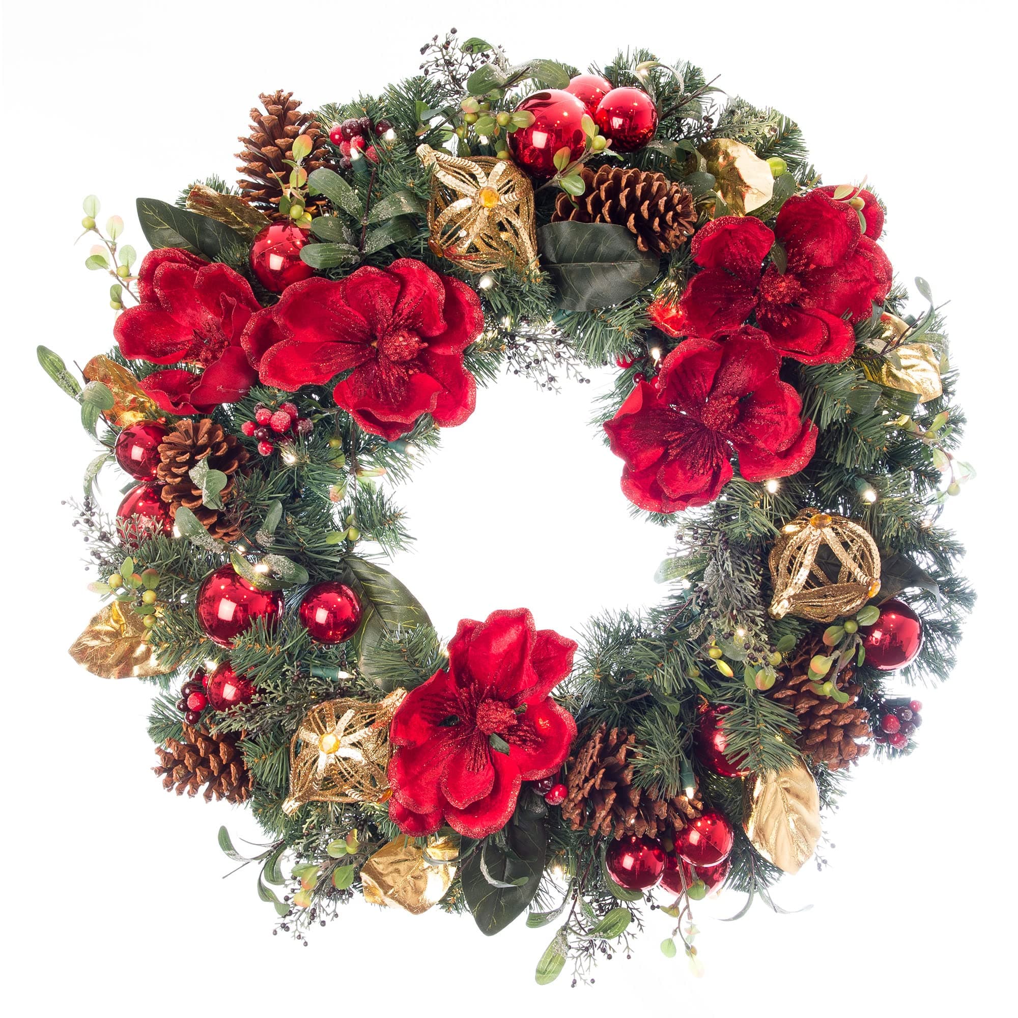 [30 Inch Artificial Christmas Wreath] - Red Magnolia Collection - Red and Gold Decoration - Pre Lit with 50 Warm Clear Colored LED Mini Lights - Includes Remote Controlled Battery Powered Timer