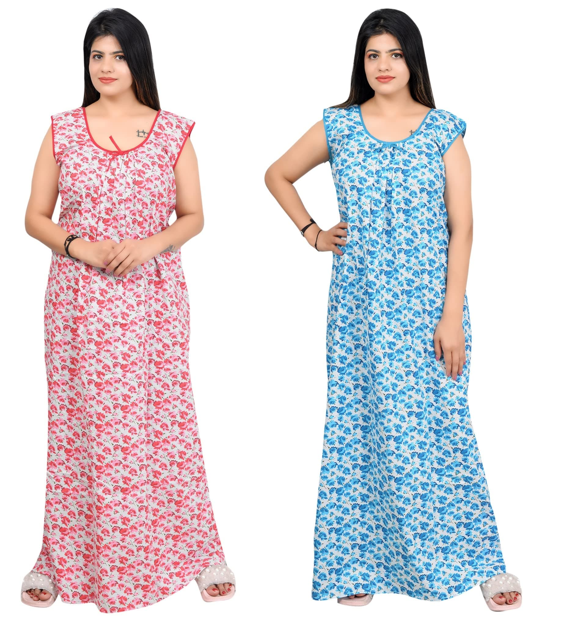 MNNMagnen Women's Pure Cotton Rose Printed Sleeveless Nighty (Red Blue) (Pack of 2)_(Free Size), Red&Blue, Free Size