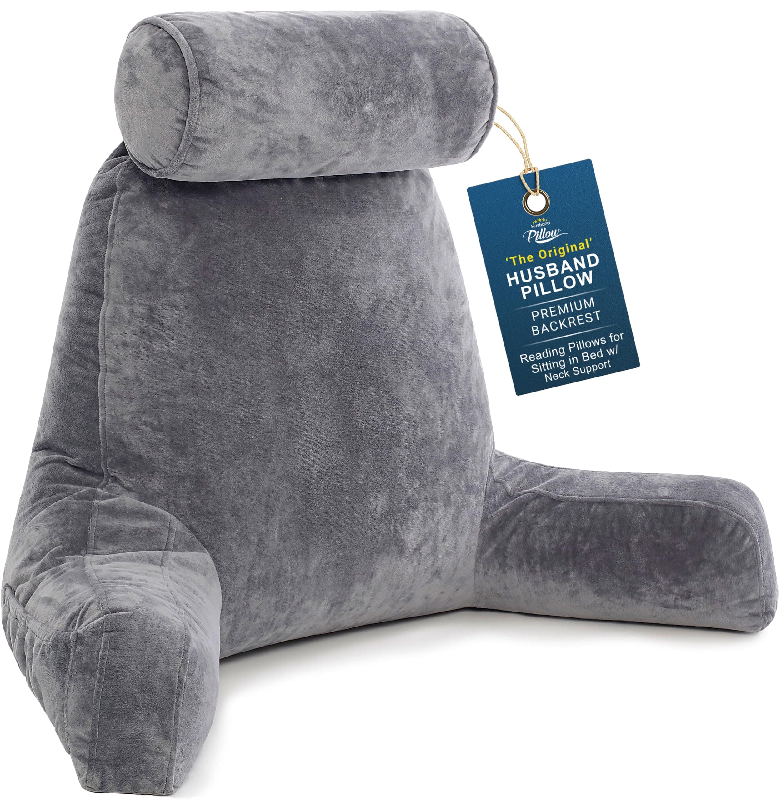 Husband Pillow - Dark Grey, Big Reading & Bed Rest Pillow with Arms - Sitting Up Tall - Premium Shredded Memory Foam, Detachable Neck Roll on Bungee, Removable Covers & Zipper for Adjustable Loft