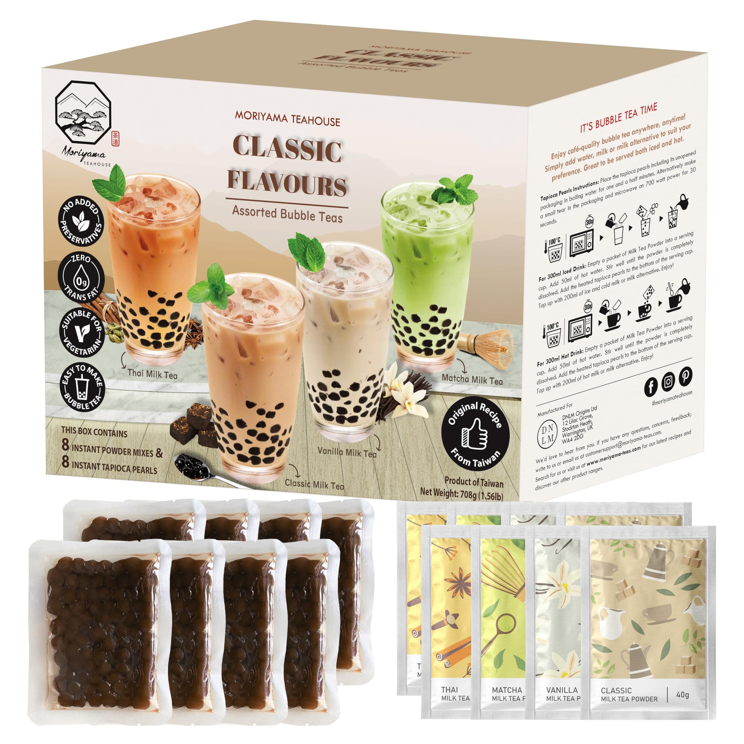 Bubble Boba Tea Kit with Instant Tapioca Pearls and Milk Tea Powders | Makes 8 Drinks | Assorted Classic Flavours include Classic, Matcha, Thai, Vanilla in Individual Sachets | By Moriyama Teahouse