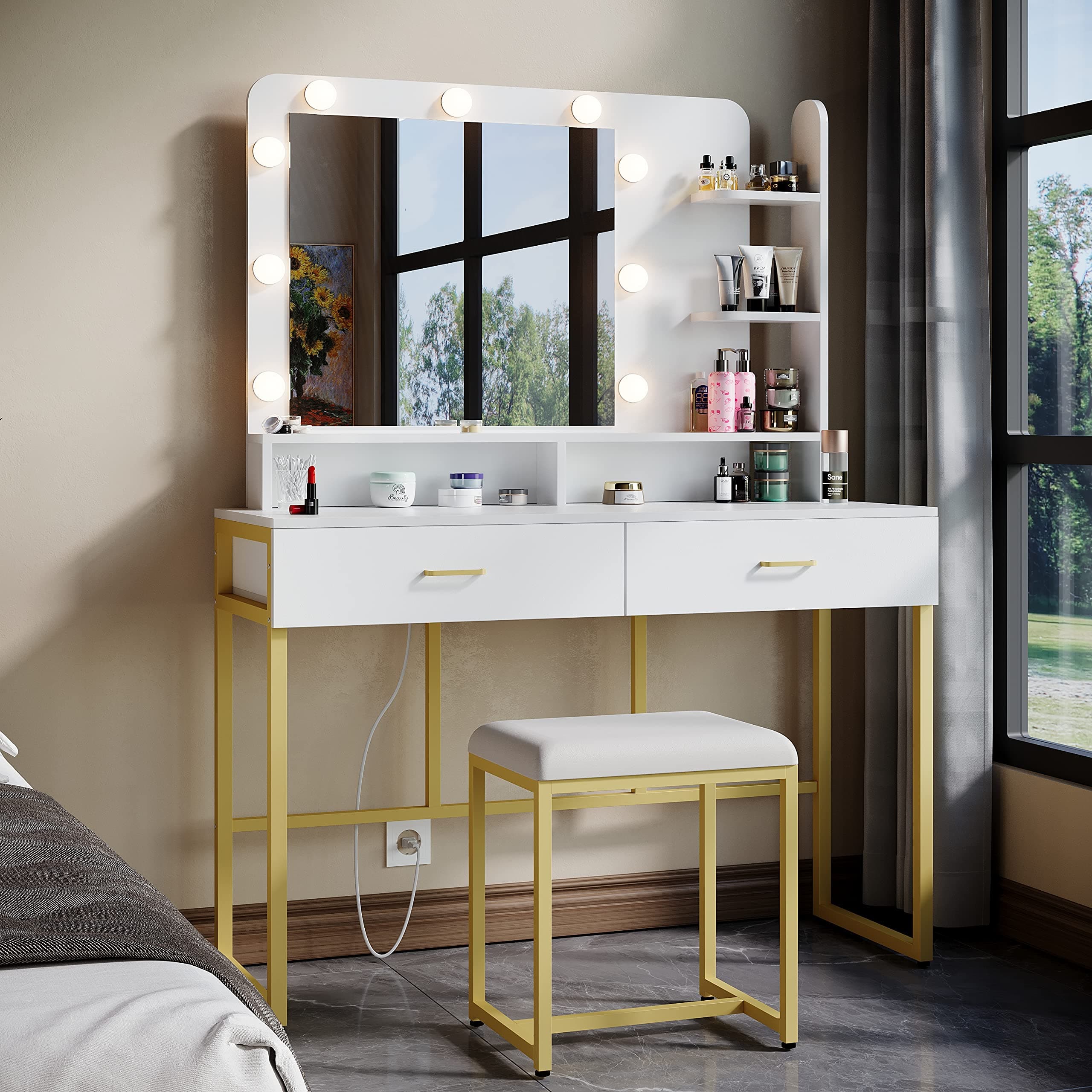 Vanity Set with Lighted Mirror,Vanity Desk with 2 Drawers,Makeup Vanity Dressing Table with 9 Lights for Women, Dresser Desk Vanity Set for Bedroom,with Cushioned Stool,Gold (White)