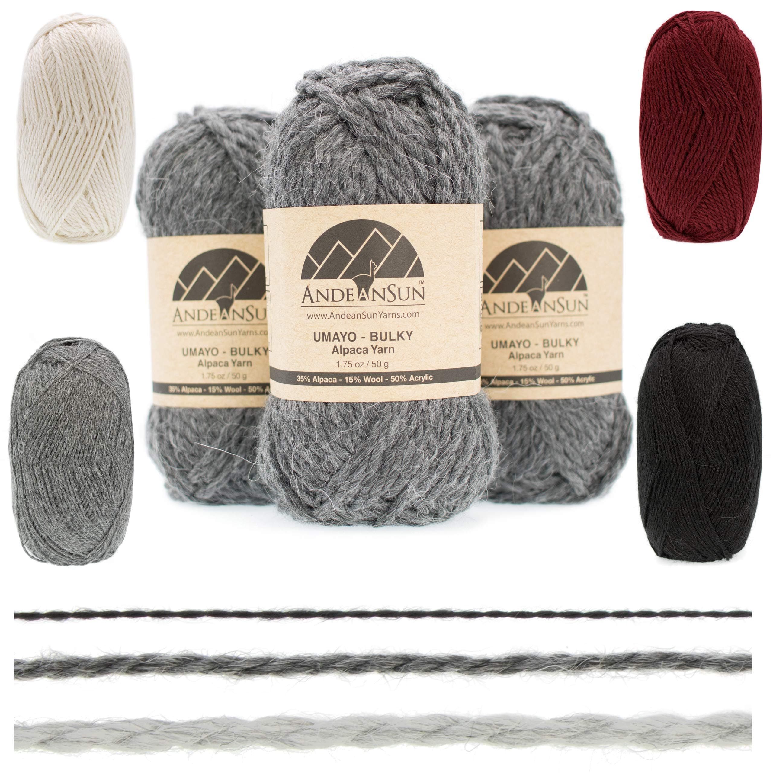(3 Small Gorgeous Skeins) Alpaca Yarn Blend Umayo [165 Yards Total] Grey, #5 Bulky