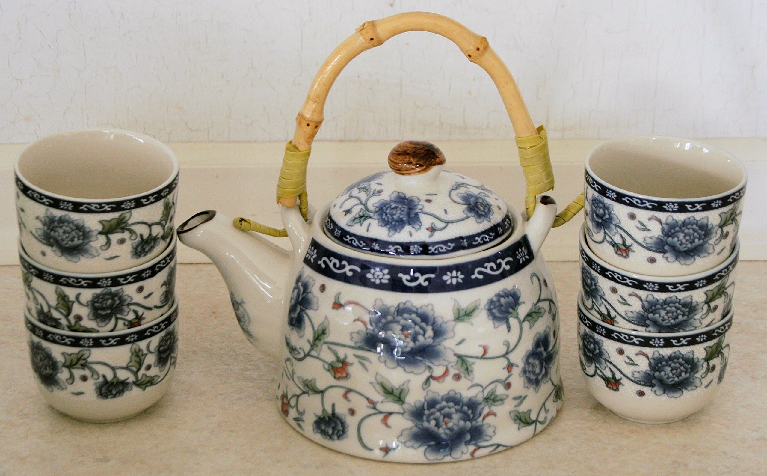 Traditional Chinese Tea Set Blue and White Peony design