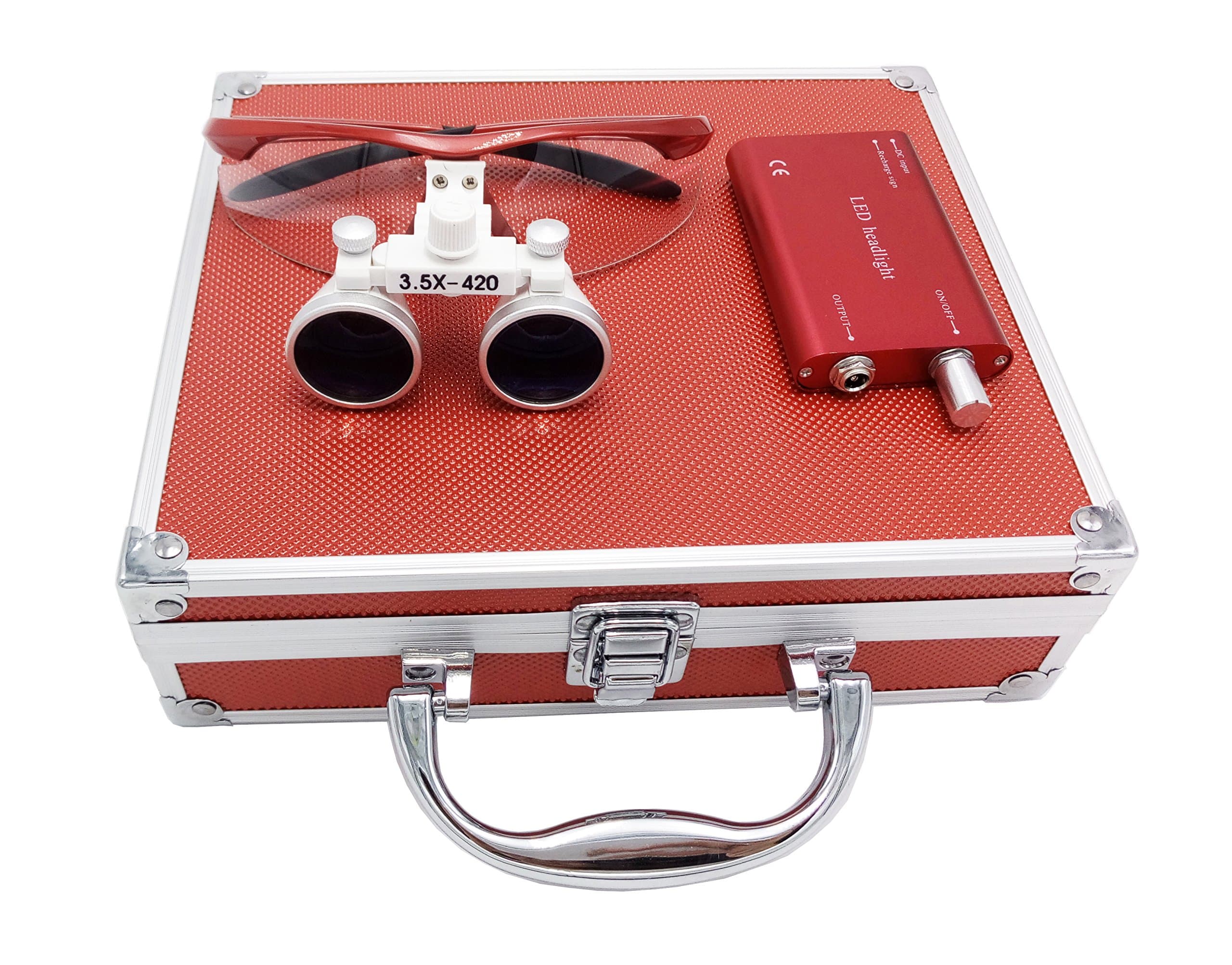 3.5X 420mm Surgical Binocular Loupes +Head Light Lamp +Aluminum Box(red)