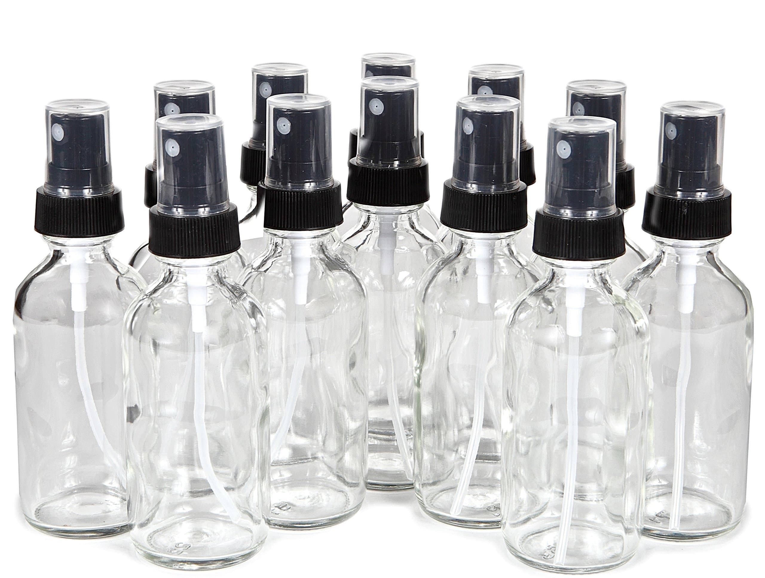 12, Clear, 2 oz Glass Bottles, with Black Fine Mist Sprayers