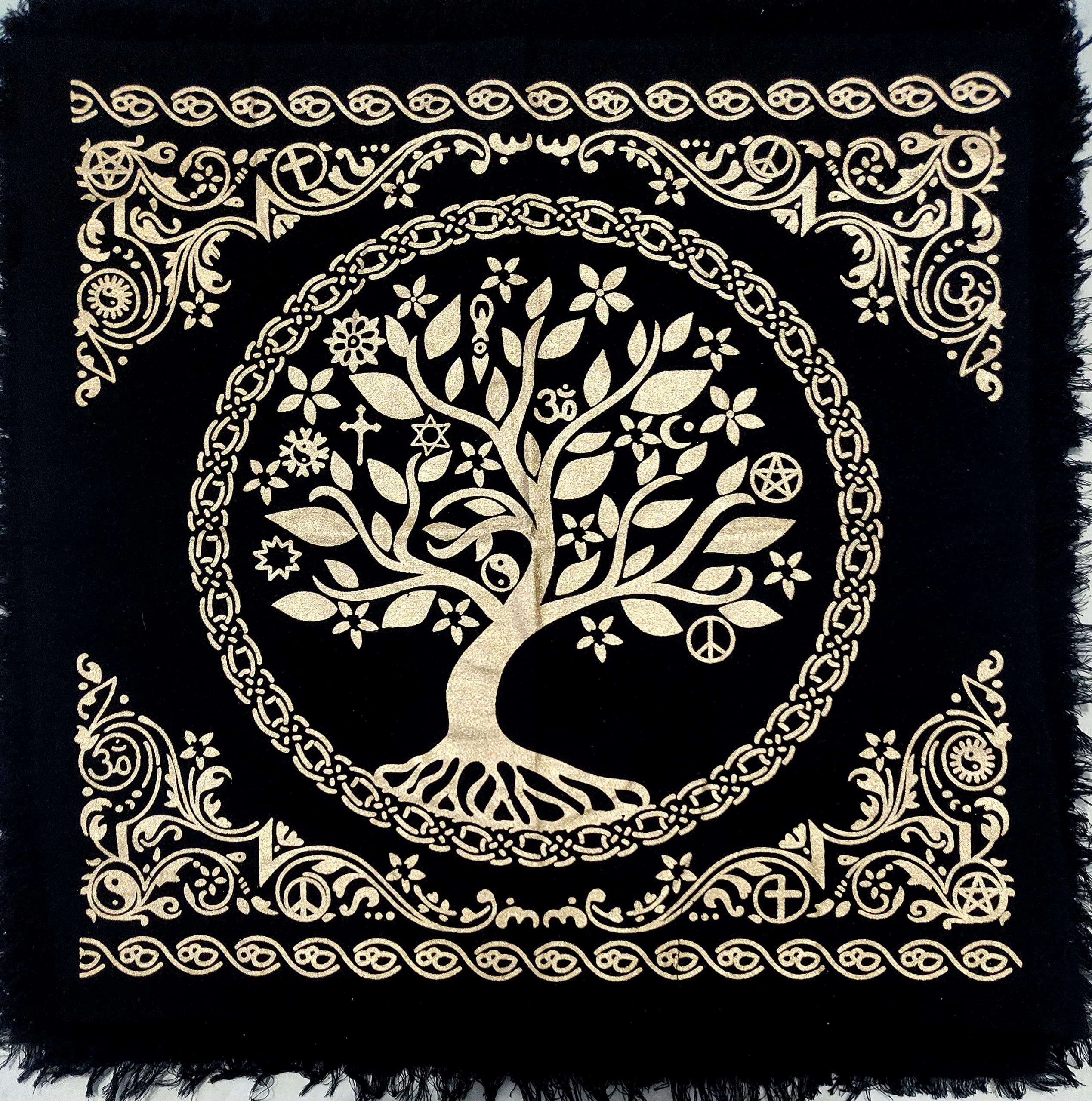 Altar Cloth 12 Constellation Sun, Star & Moon Universe Witchcraft Alter Tarot Spread Wicca Square Spiritual Witchery Supplies Celtic Cards Table Napkins Black Gold Tree of Life 24 x 24 inches