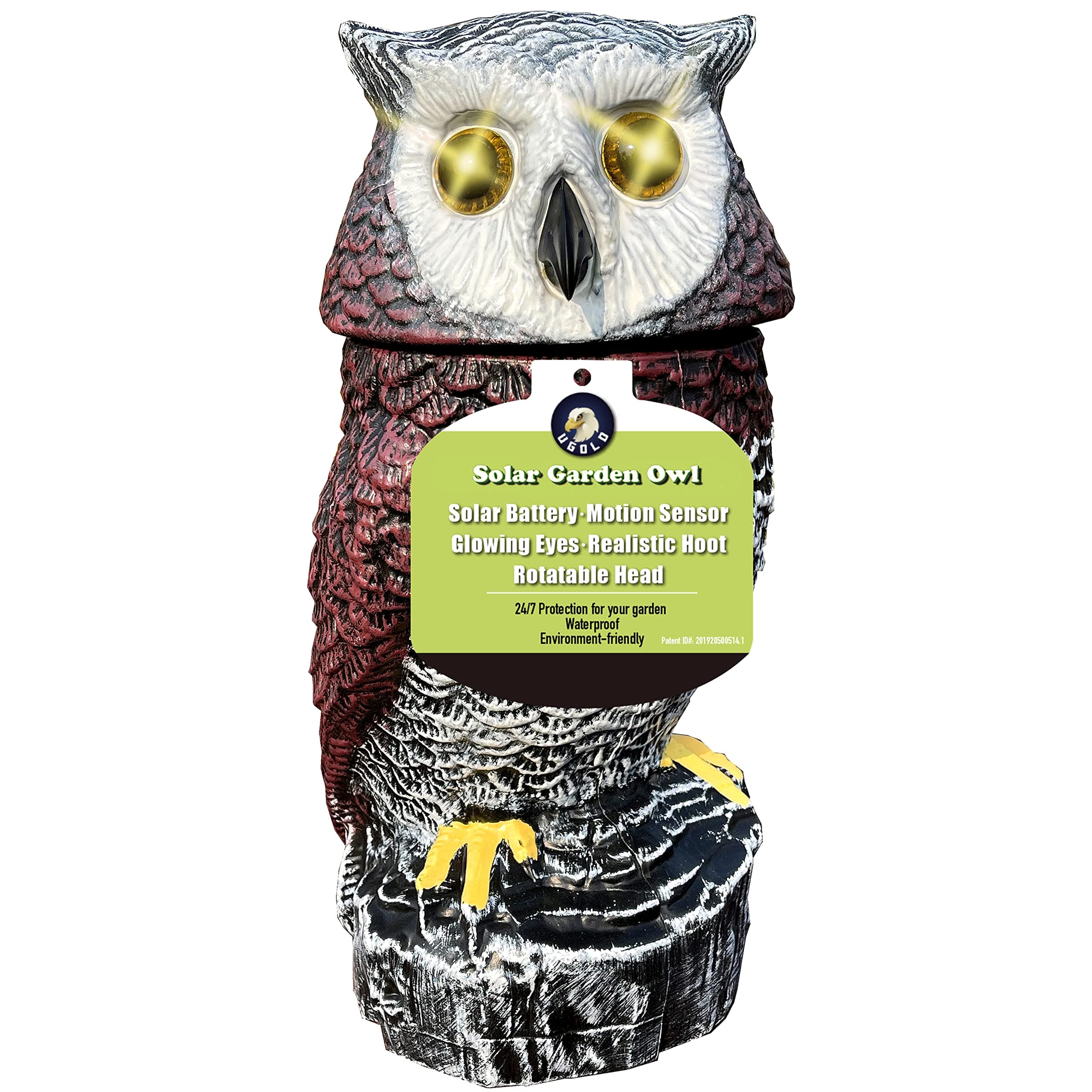 Solar Powered Garden Owl with Detection, Flashing Eyes, Rotating Head, Realistic Hoots, Plastic Material, Outdoor Decoration