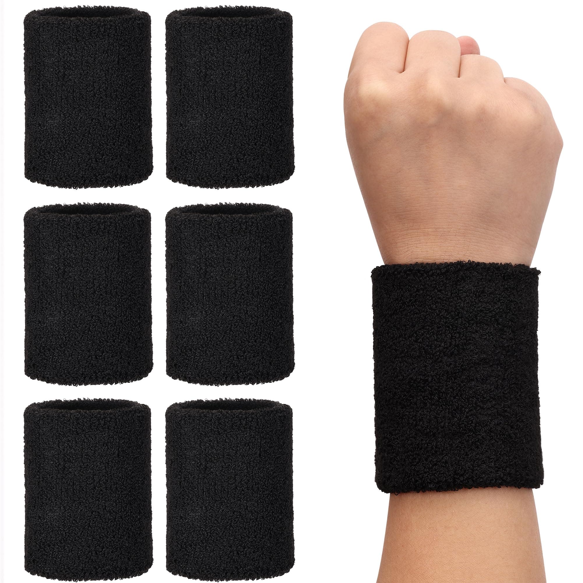 Absorbent Wrist Sweatbands, 6Pcs Tennis Sweat Bands for Gym & Running - Black Moisture Wicking Wristbands for Exercise - Weight Lifting Sweat Band Men & Women, One Size fits all, Easy to Wash