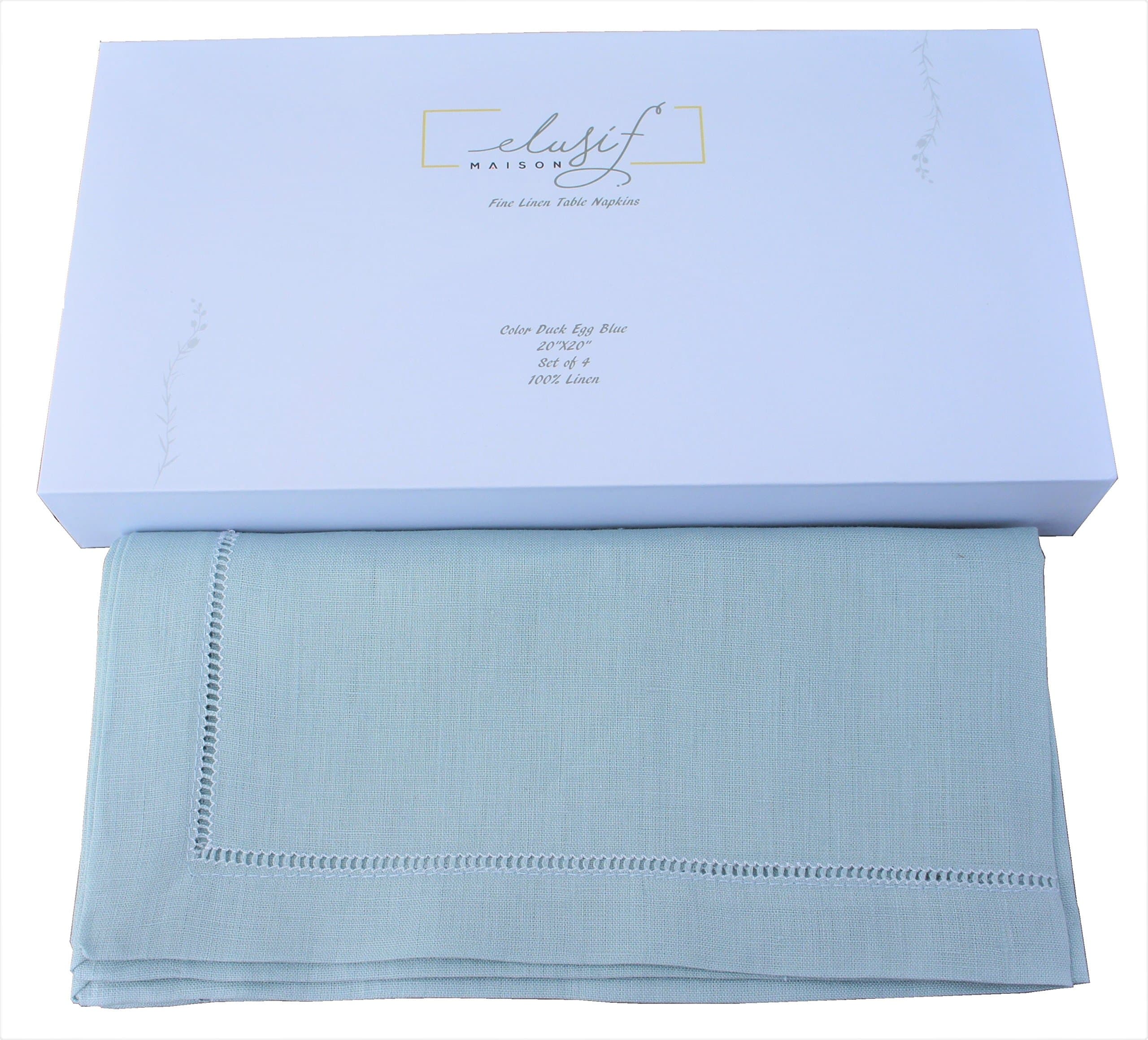 Elusif Maison Color Duck Egg Blue, 100% Pure Linen Table Napkins, 20"x20", Hand Ladder Hemstitched With White Stitching, Box Set Of 4, Mitered Corners, 165 GSM, Pure Linen