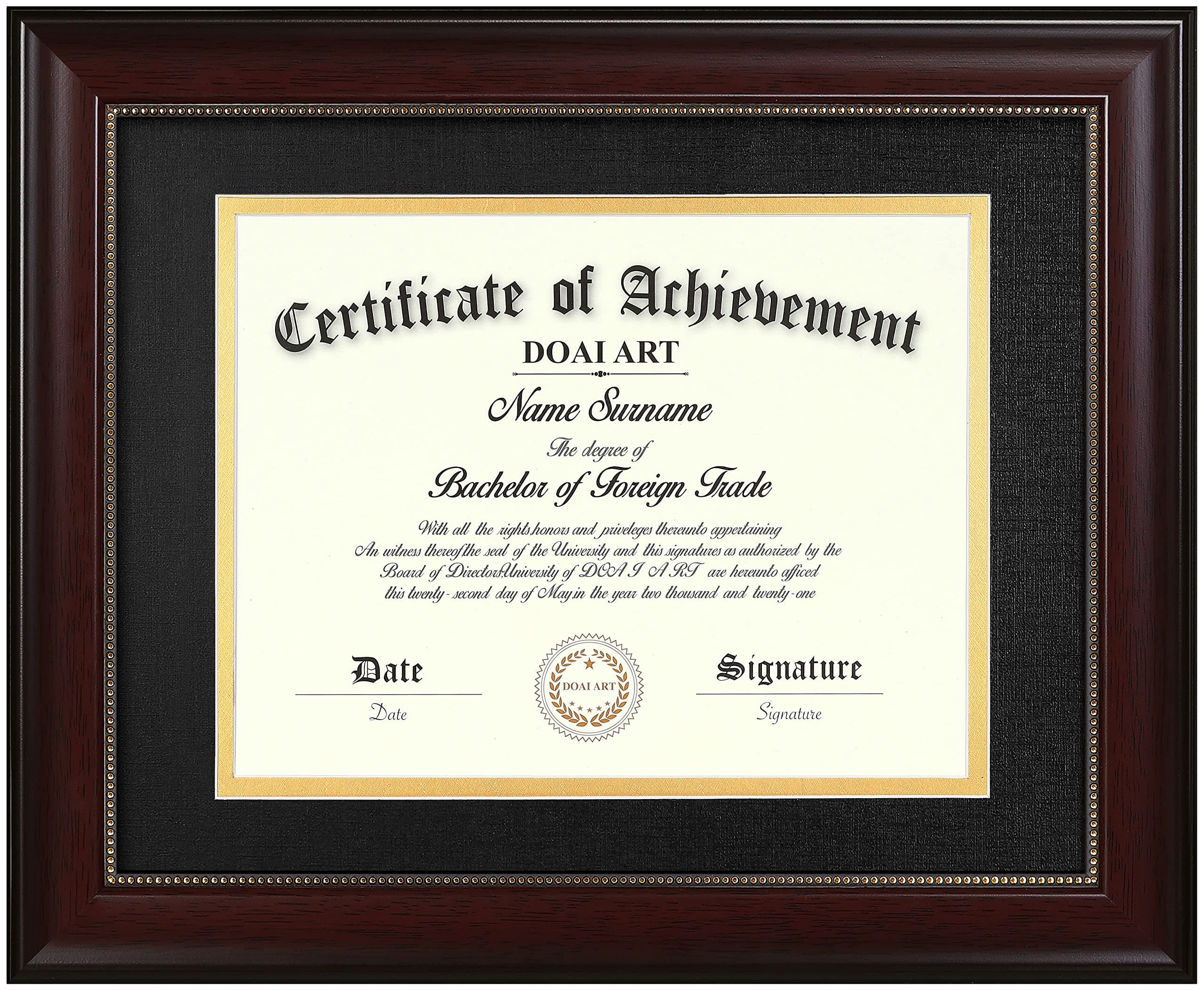 DOAI ART 8.5x11 Diploma Frame Classic Mahogany Color Display 8.5x11-inch with Black Over Gold Mat or 11x14 Document &Certificate Without Mat,Wide Molding, Gold Beads Hanging Hardware Included