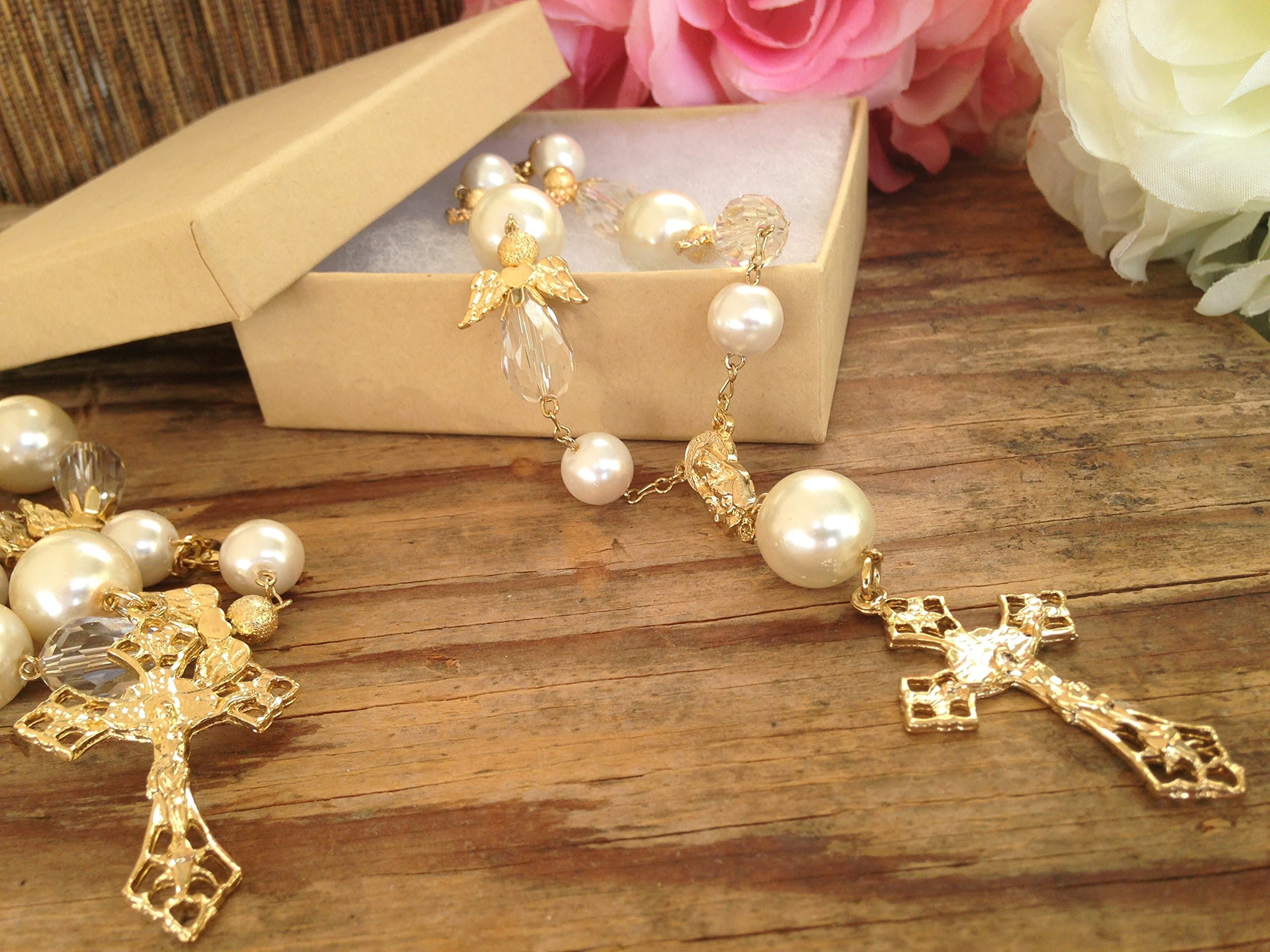10 of Baptism Favors Ivory Color Pearls Gold Plated/ Communion Favors Recuerditos De Bautismo/ Christening Favors/ Decenarios/ Decades/ Finger Rosaries