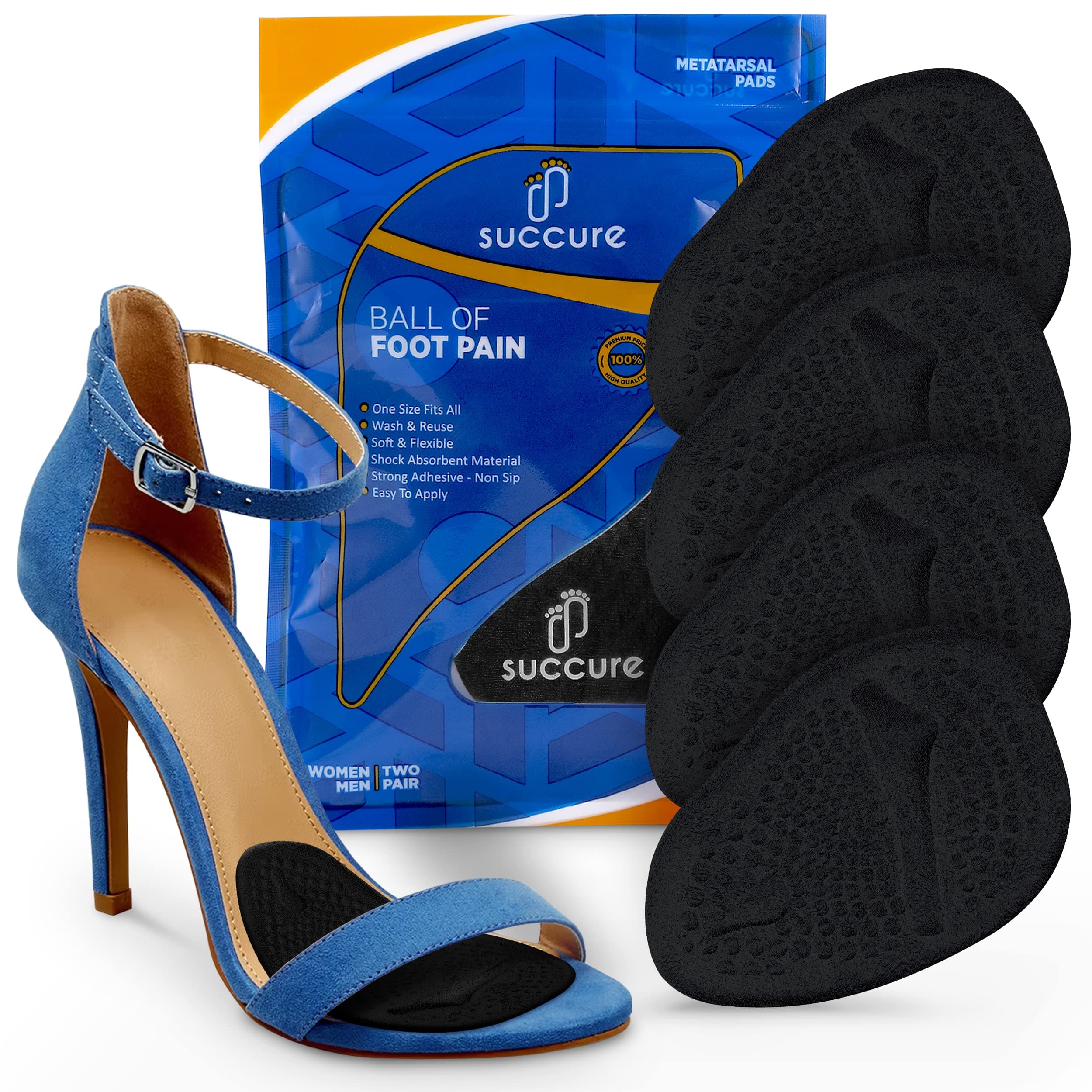 SUCCUREMetatarsal Pads for Women & Men - Ball of Foot Cushion Pads - Gel Heel Pads - 2 Pair Foot Pads for Pain Relief - Non Slip High Heel Cushion Pads - Mortons Neuroma Pads - One Size Fits All