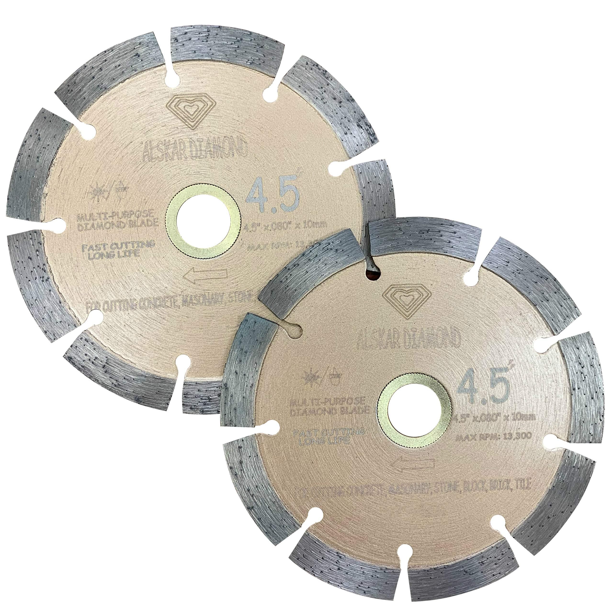 (2 Pack) ALSKAR DIAMOND USA ADLSS 4-1/2 inch Dry or Wet Cutting General Purpose Power Saw Segmented Diamond Blades for Concrete Stone Brick Masonry (4 1/2" - 2 pcs)