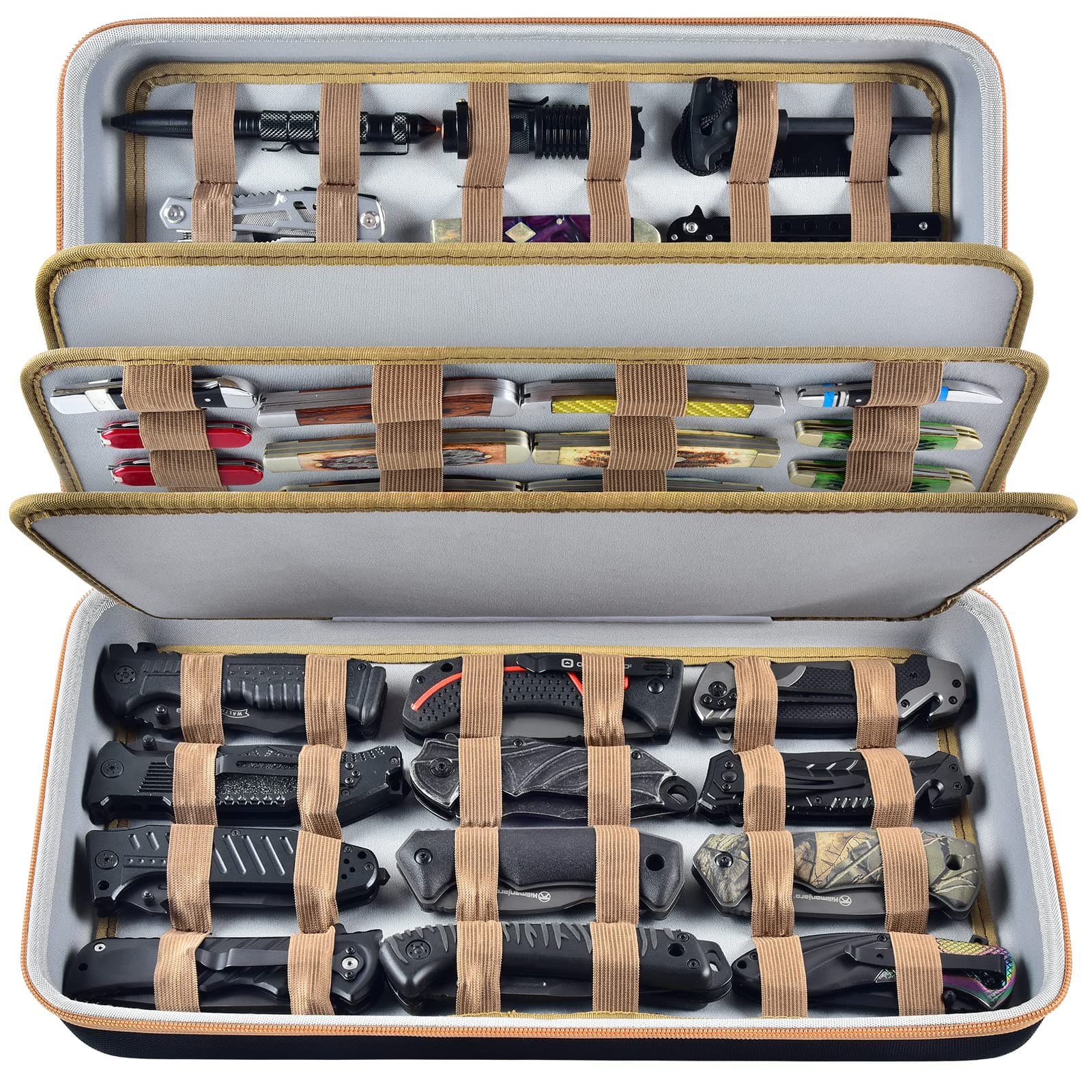 - Knife Display Case for 64+ Pocket Knives, Butterfly Knife Storage Box, Folding Knives Organizer Holder, Knives Collection Organized Carrier for Survival, Tactical, Outdoor, EDC Mini Knife (Black)