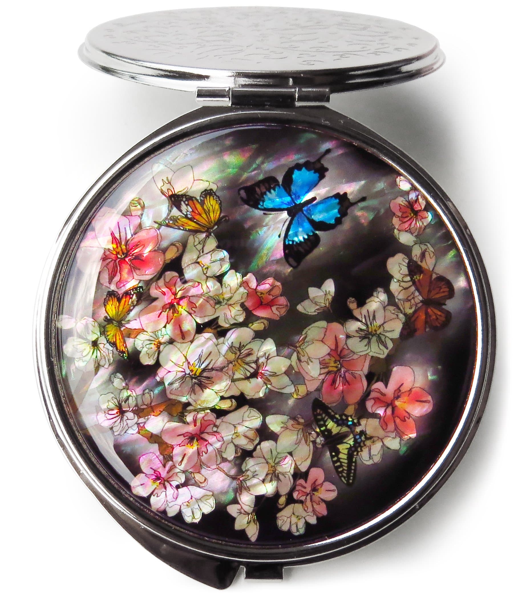 Makeup Compact Mirror Dual Folding Magnify Apricot Flower Butterfly