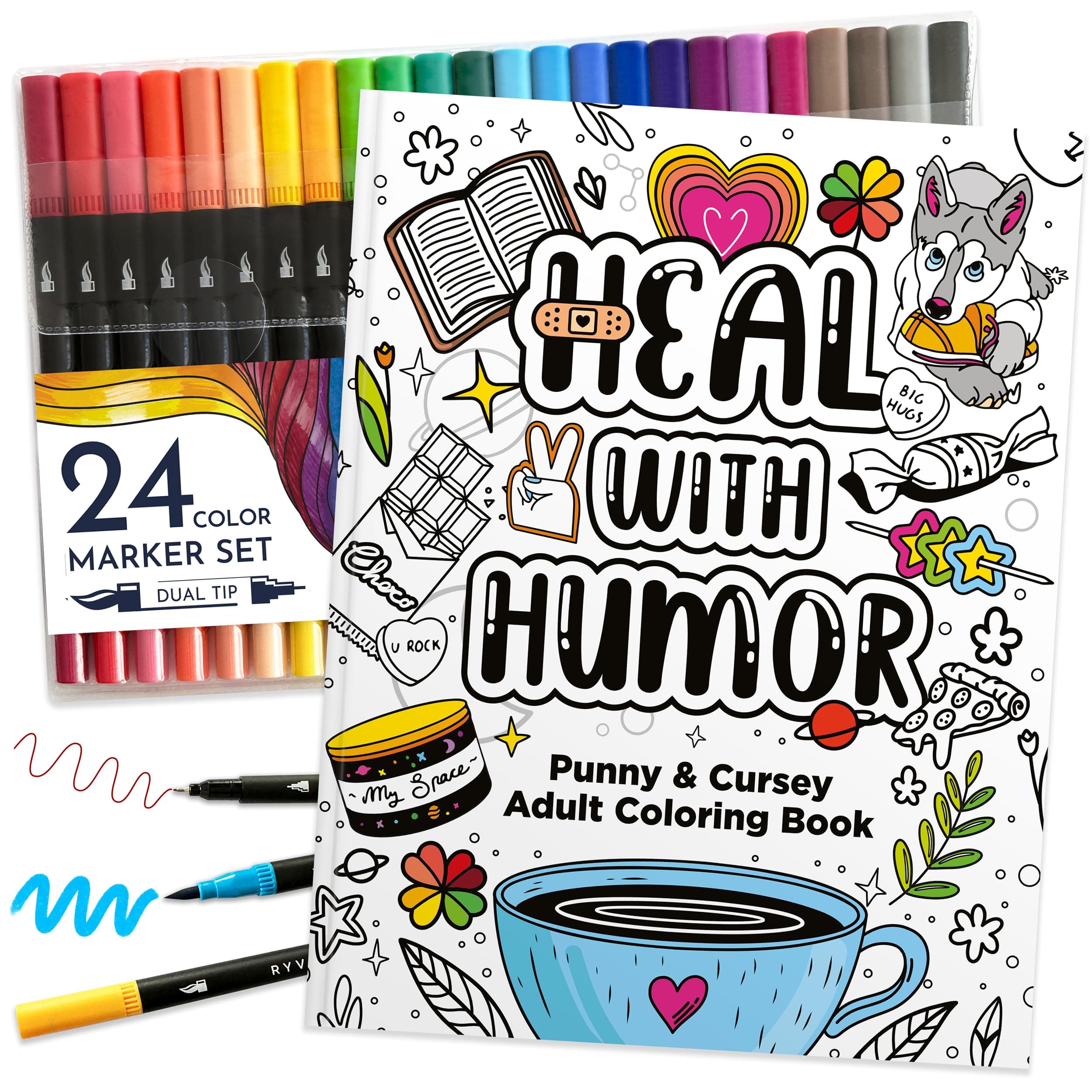 RYVE Adult Coloring Book Set for Adults Relaxation - Sassy & Funny Self Care Gifts for Women, Motivational Swear Word Coloring Book, Cancer Care Gifts Chemo Care Package for Women, 24 Markers Included