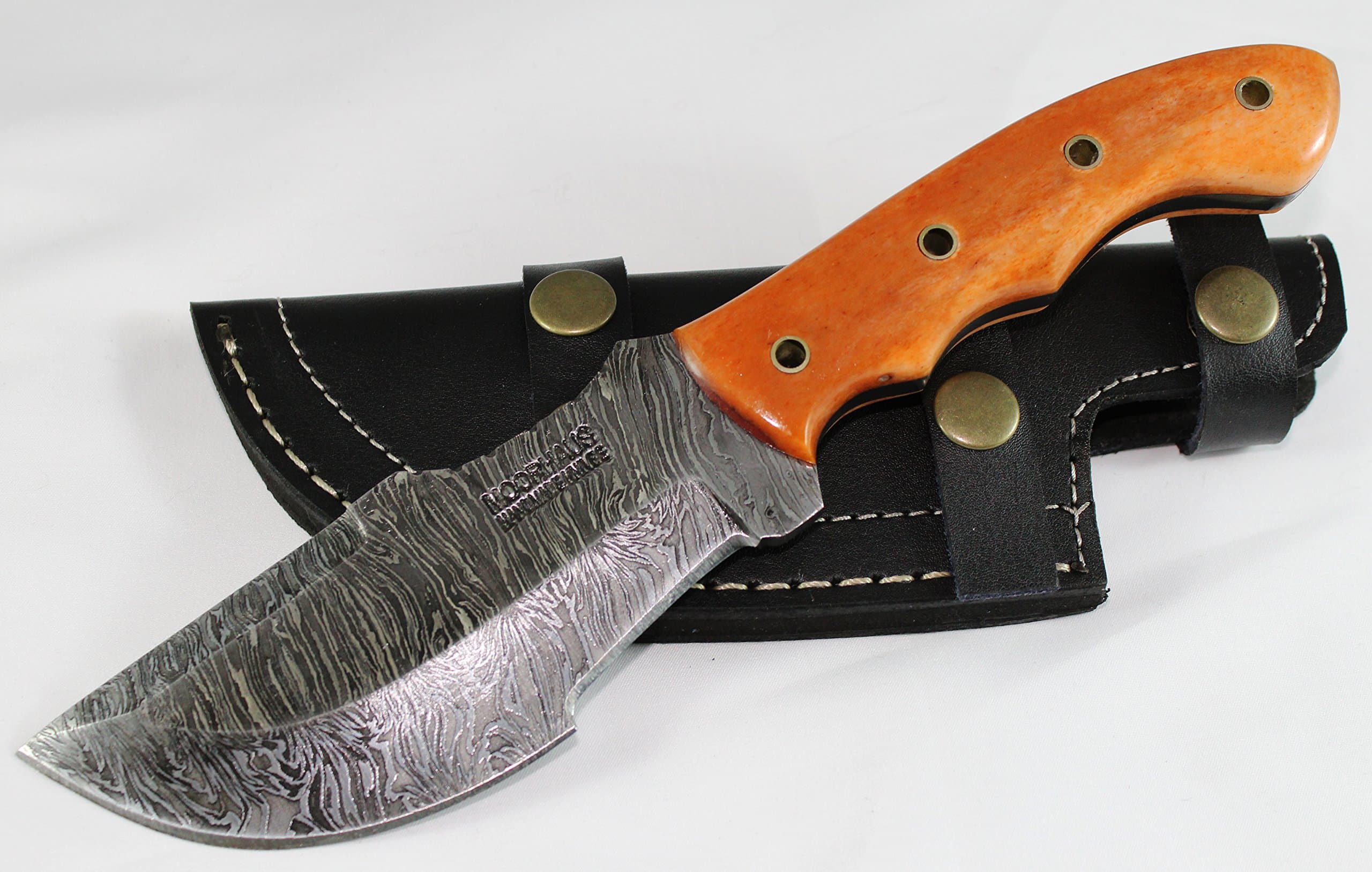 Moorhaus Handmade Damascus Camel Bone Knife with Leather Sheath