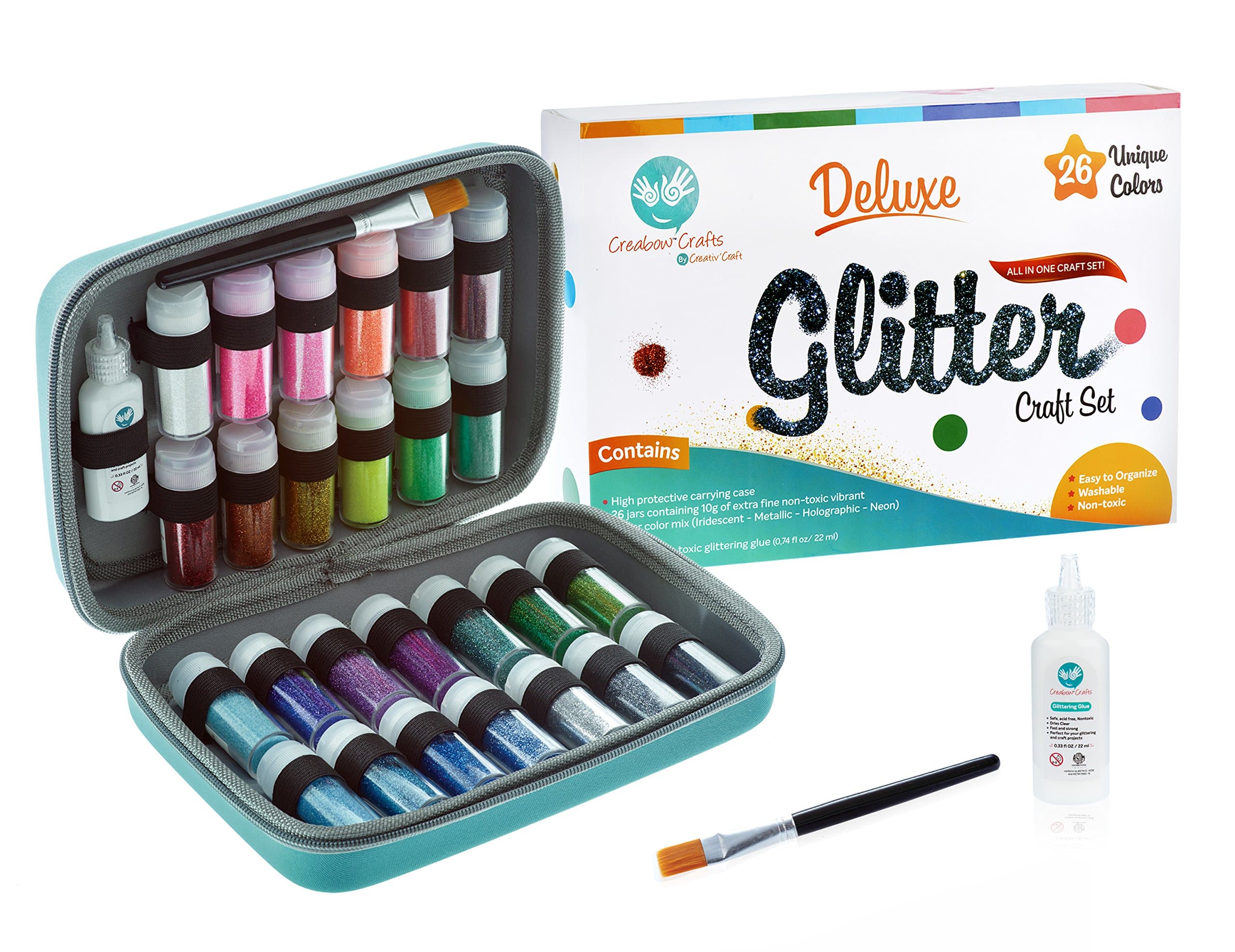Extra Fine Glitter Deluxe Set - 26 Unique Colors (Holographic, Iridescent, Neon, Pastel) - Include Shaker Jars, Glitters Glue, Brush and Case - Perfect for Artist to Sparkle DIY, Slime, Nails, Body