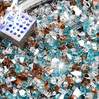 NUPICK 10 Pound Fire Glass, 1/4 Inch Reflective Fire Pit Glass, Tempered Firepit Glass Rock for Propane or Natural Gas, Glass Rocks for Fire Pit Table or Fireplace, Aqua Blue & Copper & Platinum Mix
