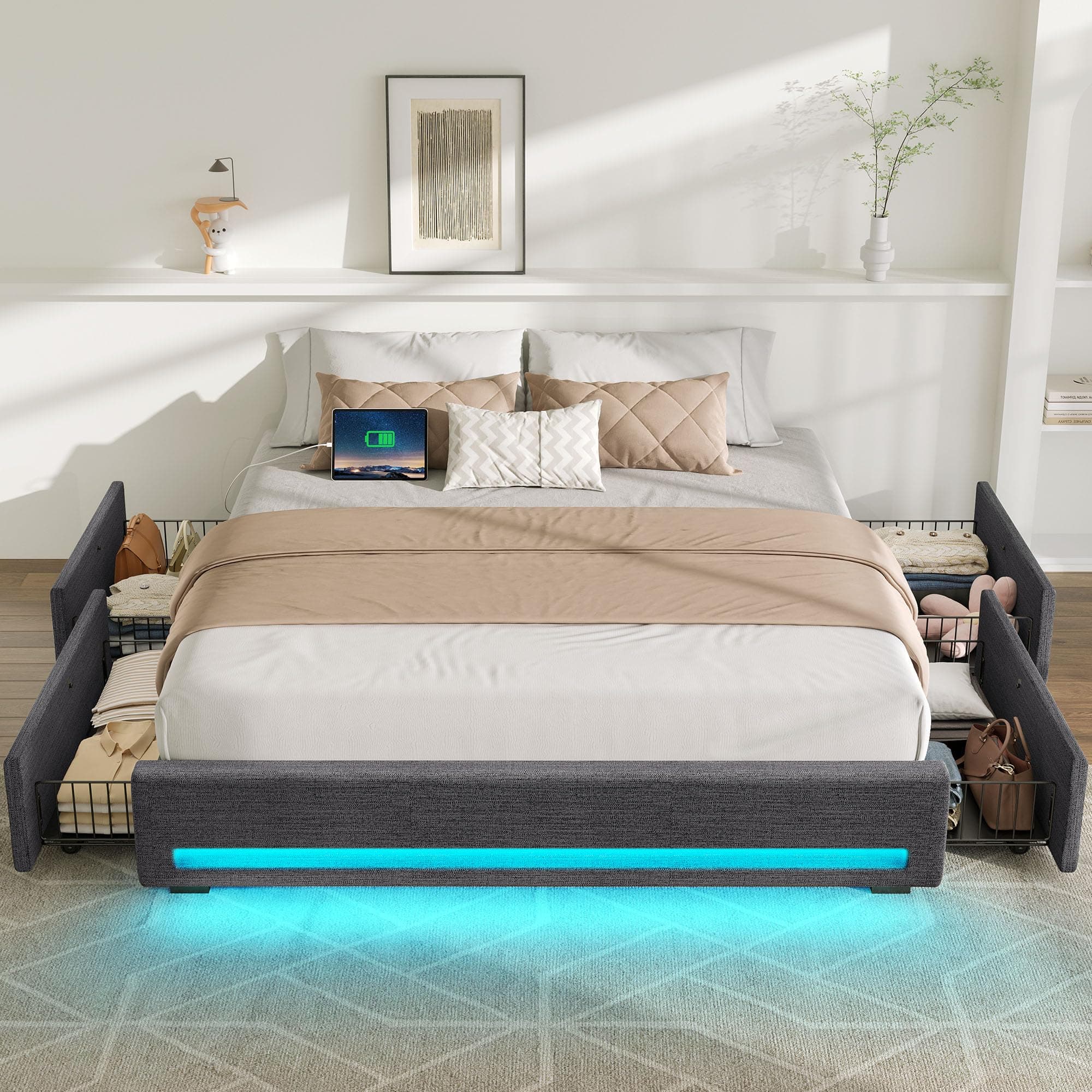 Rolanstar Full Size Bed Frame with 4 Storage Drawers & Charging Station, Upholstered Platform Bed with LED Light, Heavy Metal Slats Support, No Box Spring Needed, Noise Free, Easy Assembly, Dark Grey