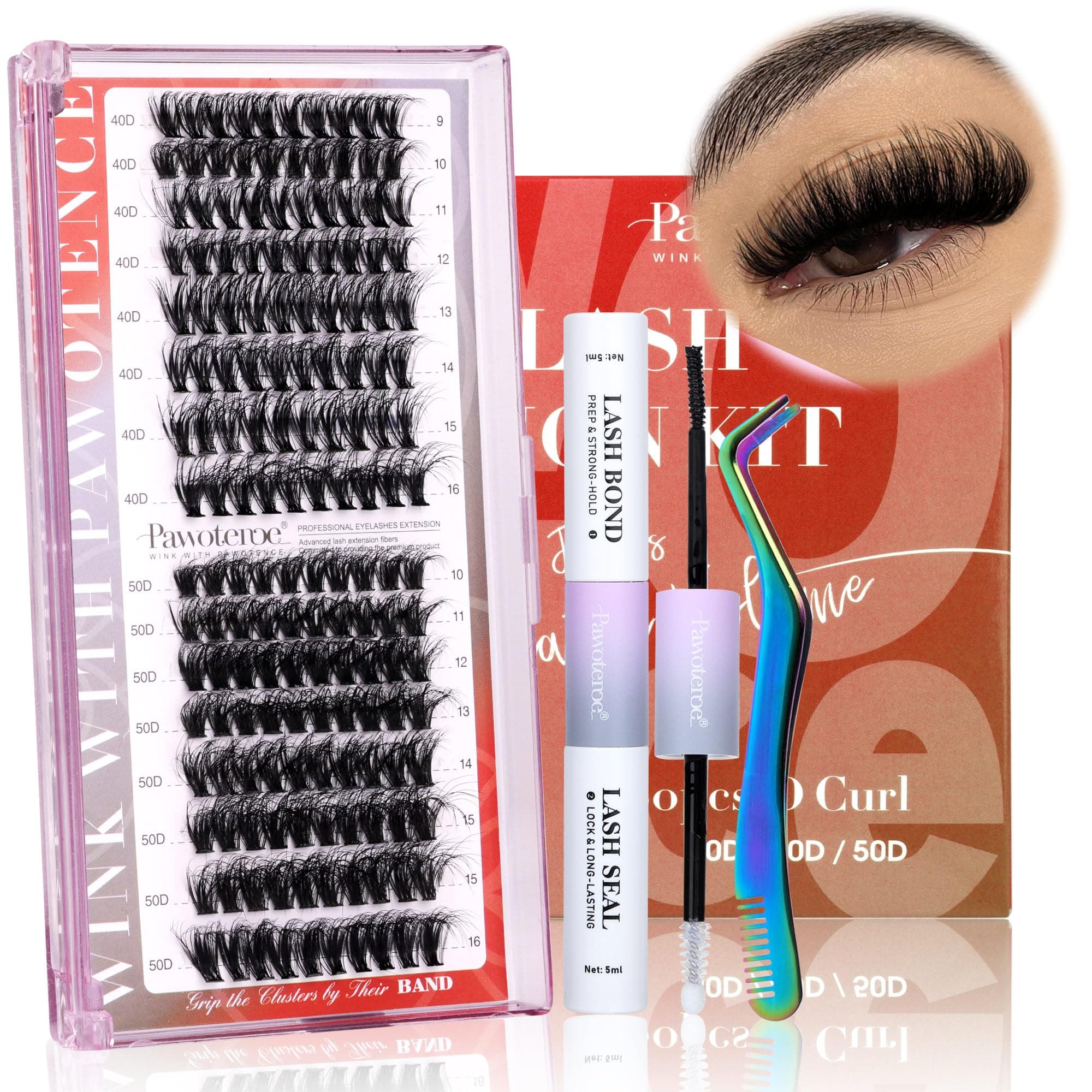 Pawotence Lash Extension Kit DIY Fluffy Individual Lash Clusters Kit D Curl Eyelash Extension Kit with Lash Bond and Seal, Lash Tweezer for Self Use at Home (Fluffy 40D+50D-0.07D-9-16MIX PORTABLE KIT)