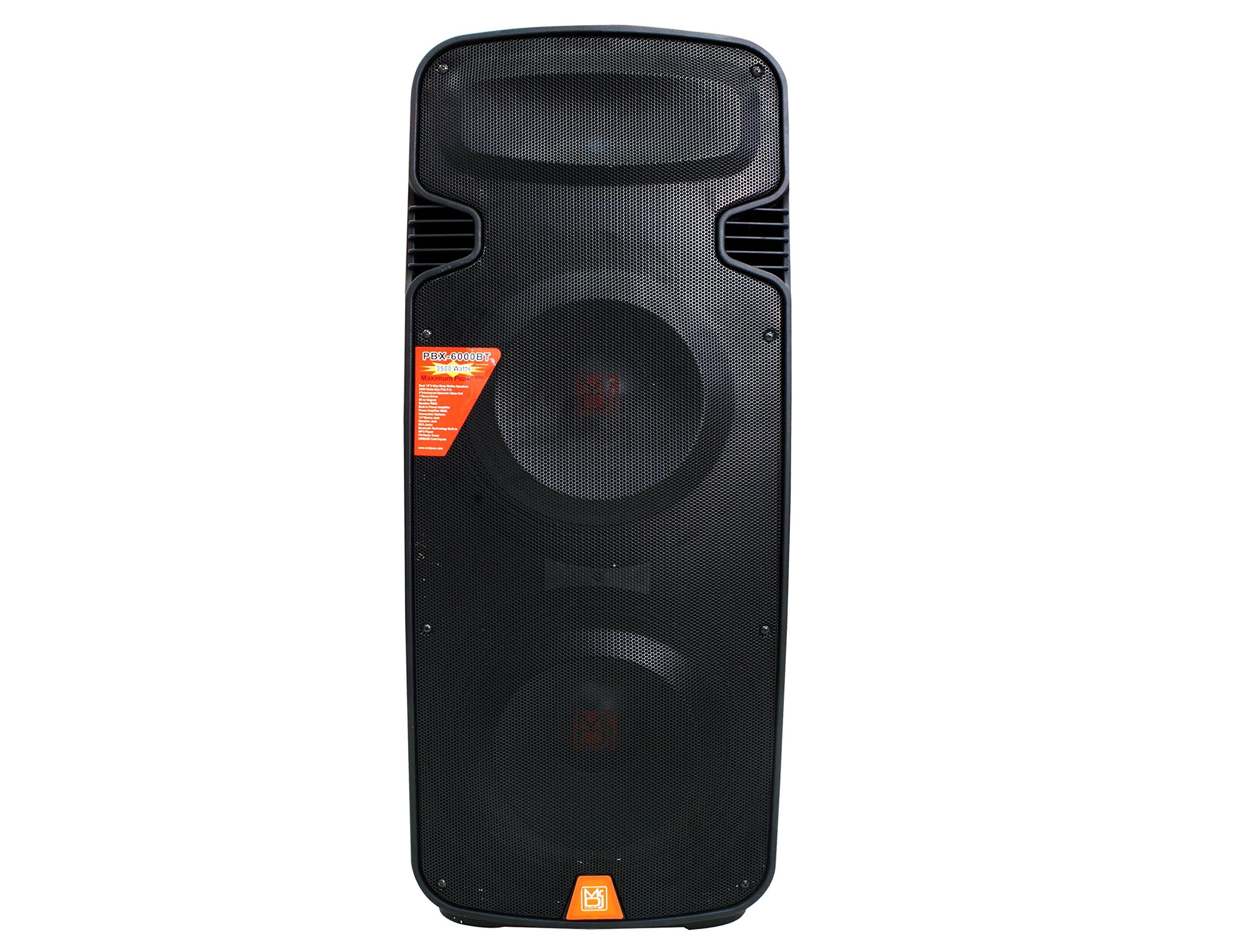 Mr Dj Pbx-6000 Bt Dual 15' 3-way Portable Speaker with Built-in Bluetooth/usb/fmradio Works with ALL stereo equipment such as Alpine, Kicker, Kenwood, Pioneer, Sony, JVC, JBL, Boss Audio, Diamond Audio, Hifonics, Metra, Electrovoice, Panasonic, Harman, Yamaha, Cerwin-Vega and Rocksford-Fosgate.
