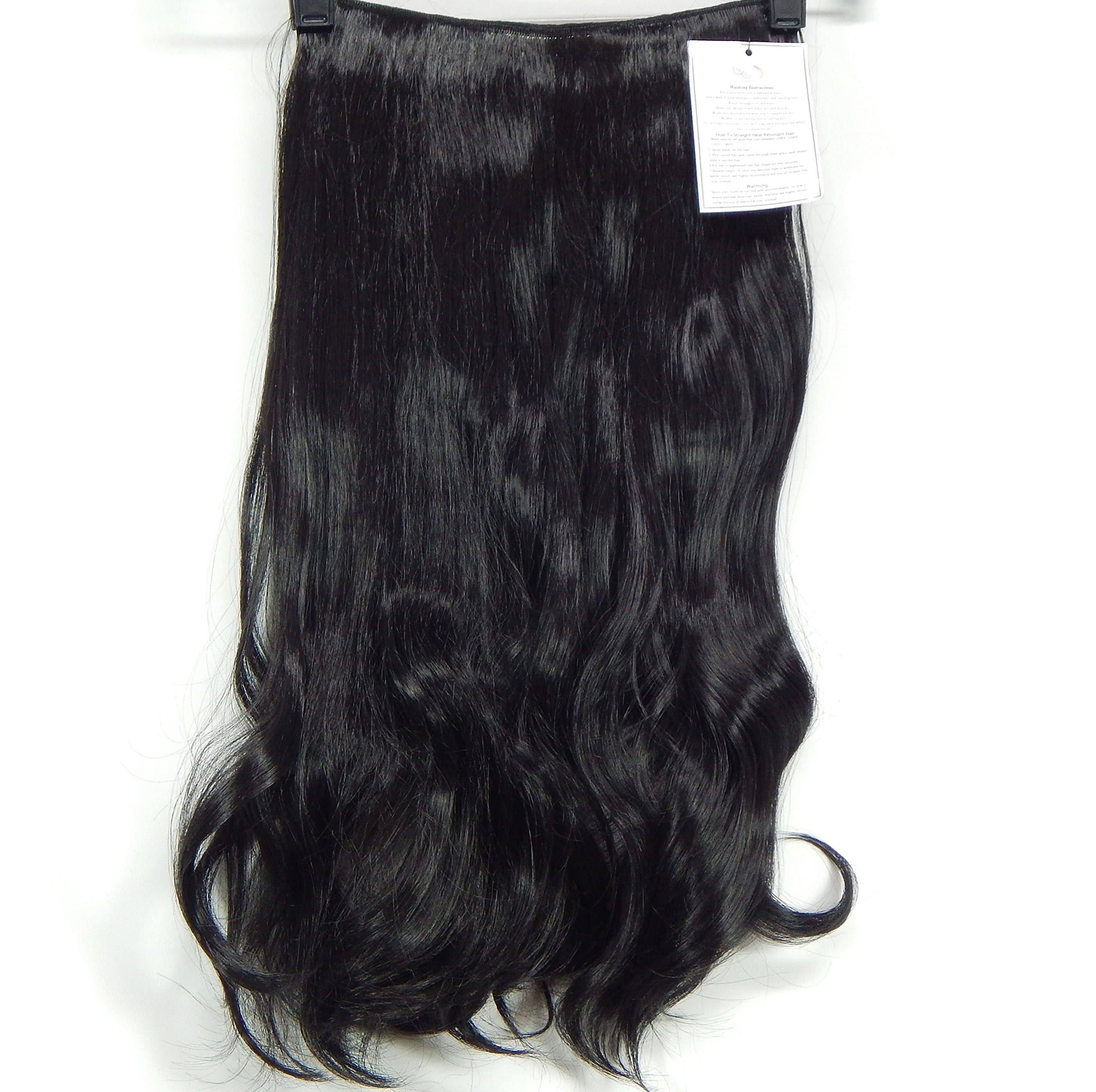 Wavy 20" Halo - Flip in Synthetic Hair Extensions on a Wire Heat Resistant to 350 No Clips, No glue, No Tape, No Damage! Super EASY!. 20 inch with 10 Colors to choose from. Wavy hair. (Jet Black)