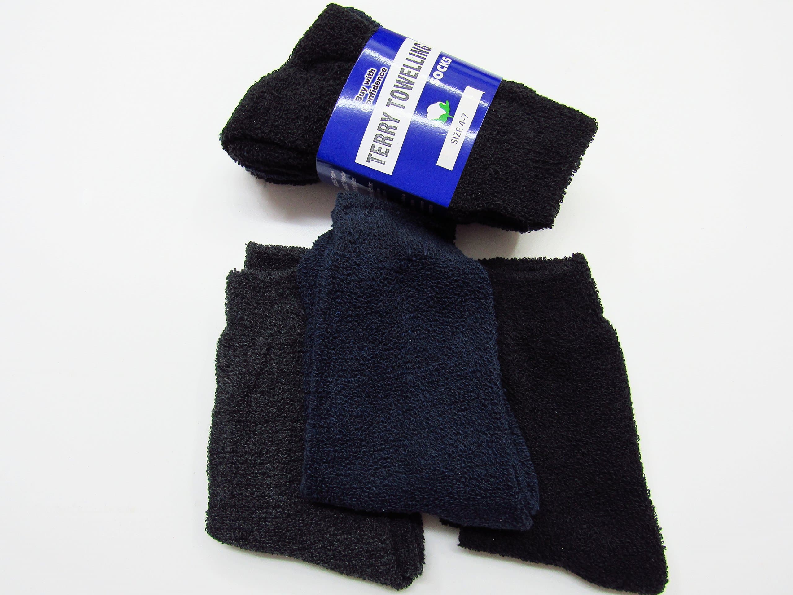 6 Pairs of The Original Cotton Terry Towelling/Toweling Socks Navy Blue Black & Grey For Adults 4-7 Shoe Size