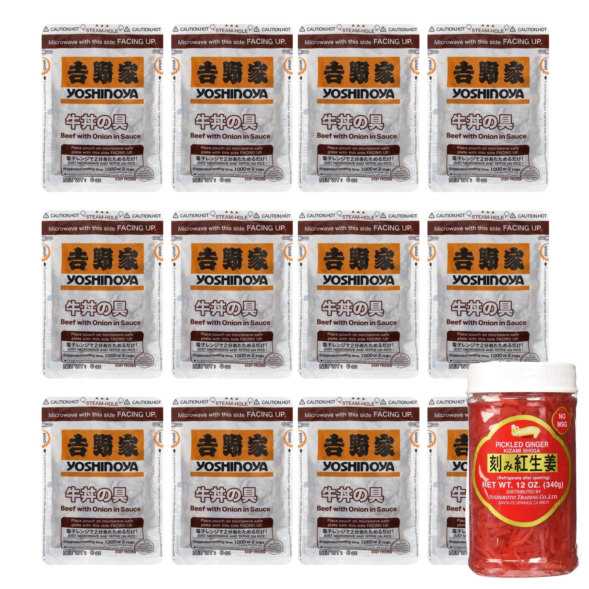 Yoshinoya Japanese Style Beef Bowl (牛丼 吉野家 Gyudon) w/ Onion in Sauce, Fully Cooked, Ready to Eat - (6 Ounce, Pack of 12 + Pickled Ginger)