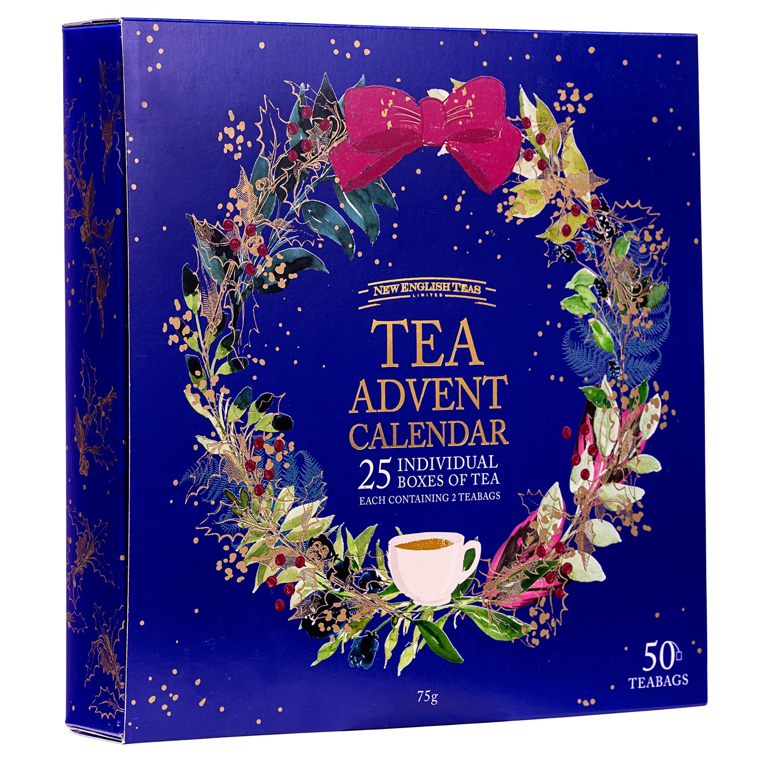 New English Teas Christmas Tea Advent Calendar, 50 Pyramid Teabags, 5 Festive Black Tea, Fruit & Herbal Blends
